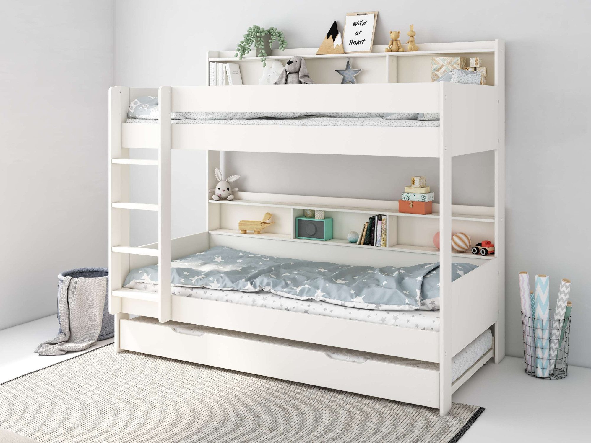 Lüttenhütt Etagenbett JAIME, TOPSELLER! Stockbett, mit Regalen, Schublade optional (ca. 186x115x204 Höhe/Breite/Довжина), FSC® zertifiziertes Massivholz, viel Stauraum und Abstellfläche