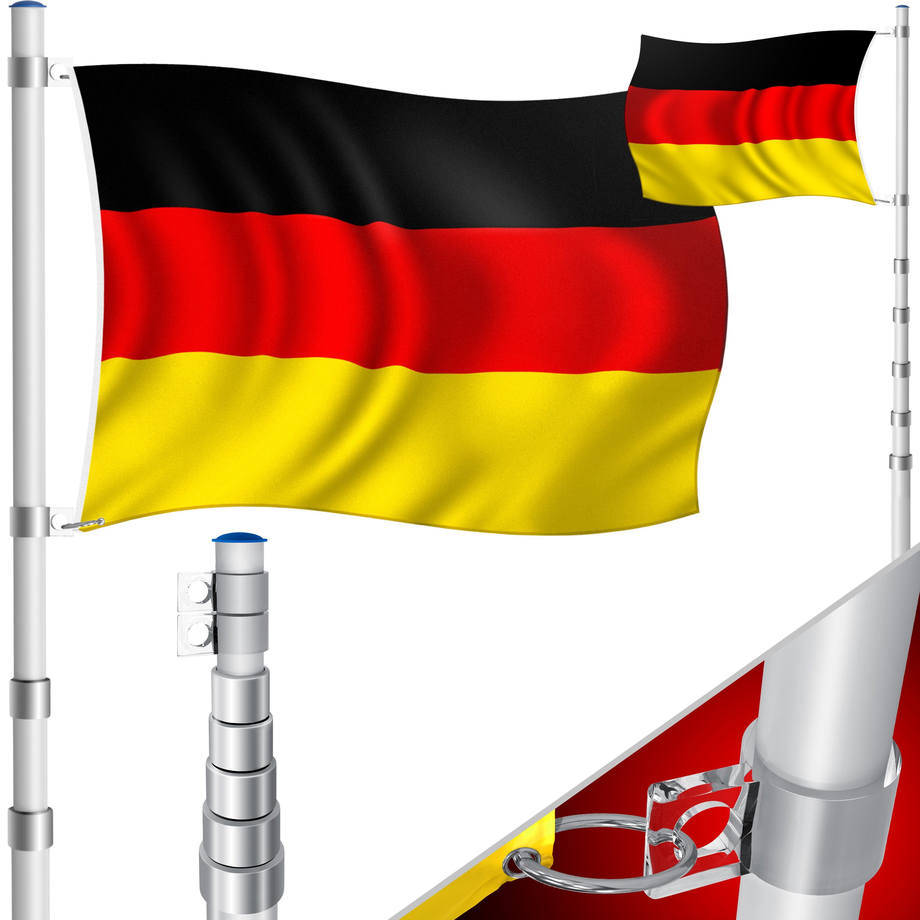silber Fahne, 60cm Bodenhülse, 6,3m Deutschland-Fahne Fahnenmast + Teleskop KESSER