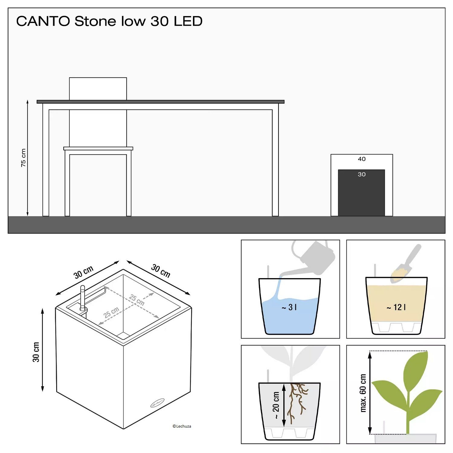 Pflanzkübel (Komplettset) 30 Canto low Pflanztopf Lechuza® Stone LED quarzweiß