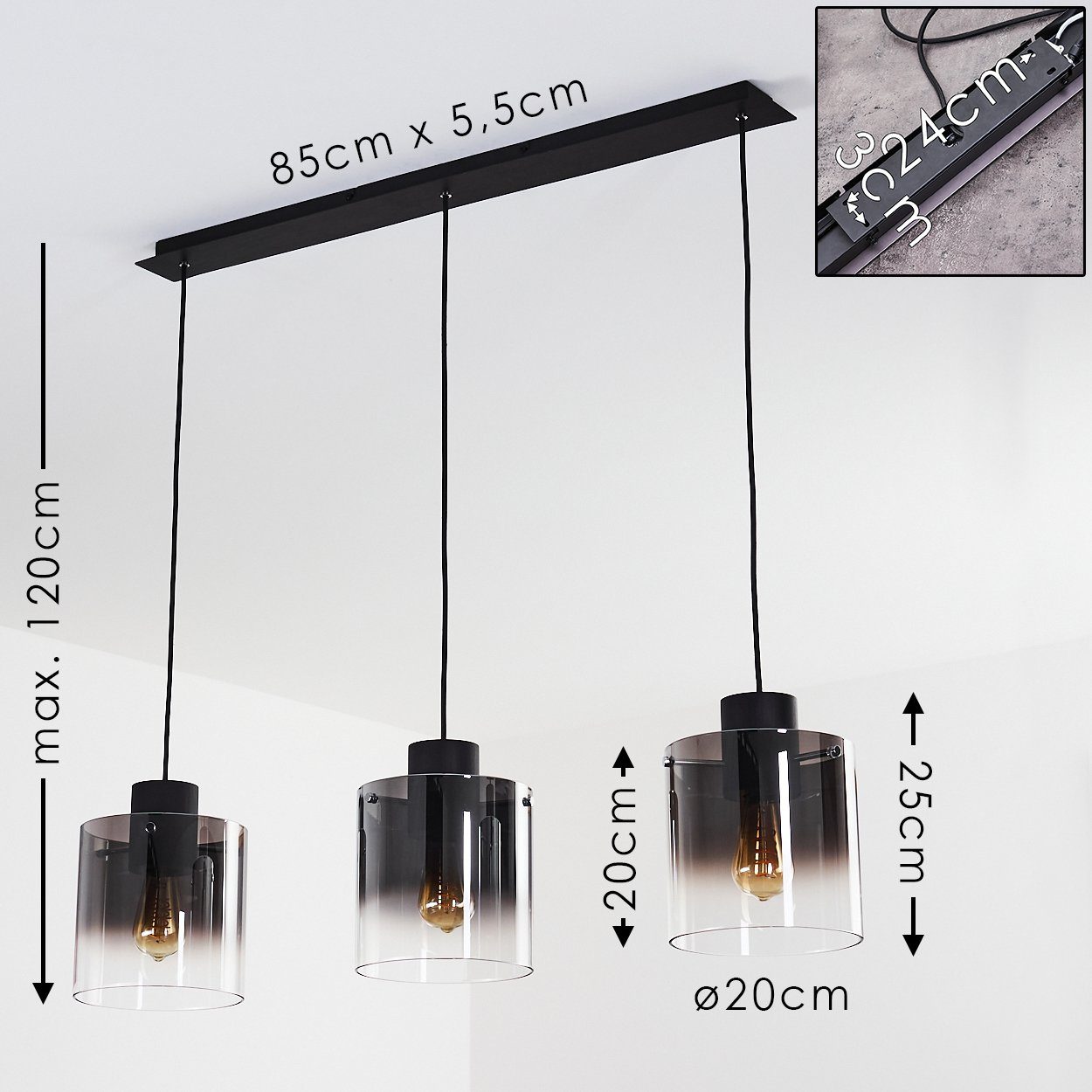 Hänge Rauchglas Wohn Raum Schlaf Pendel 3-flammige Lampen hofstein Zimmer Pendelleuchte Ess