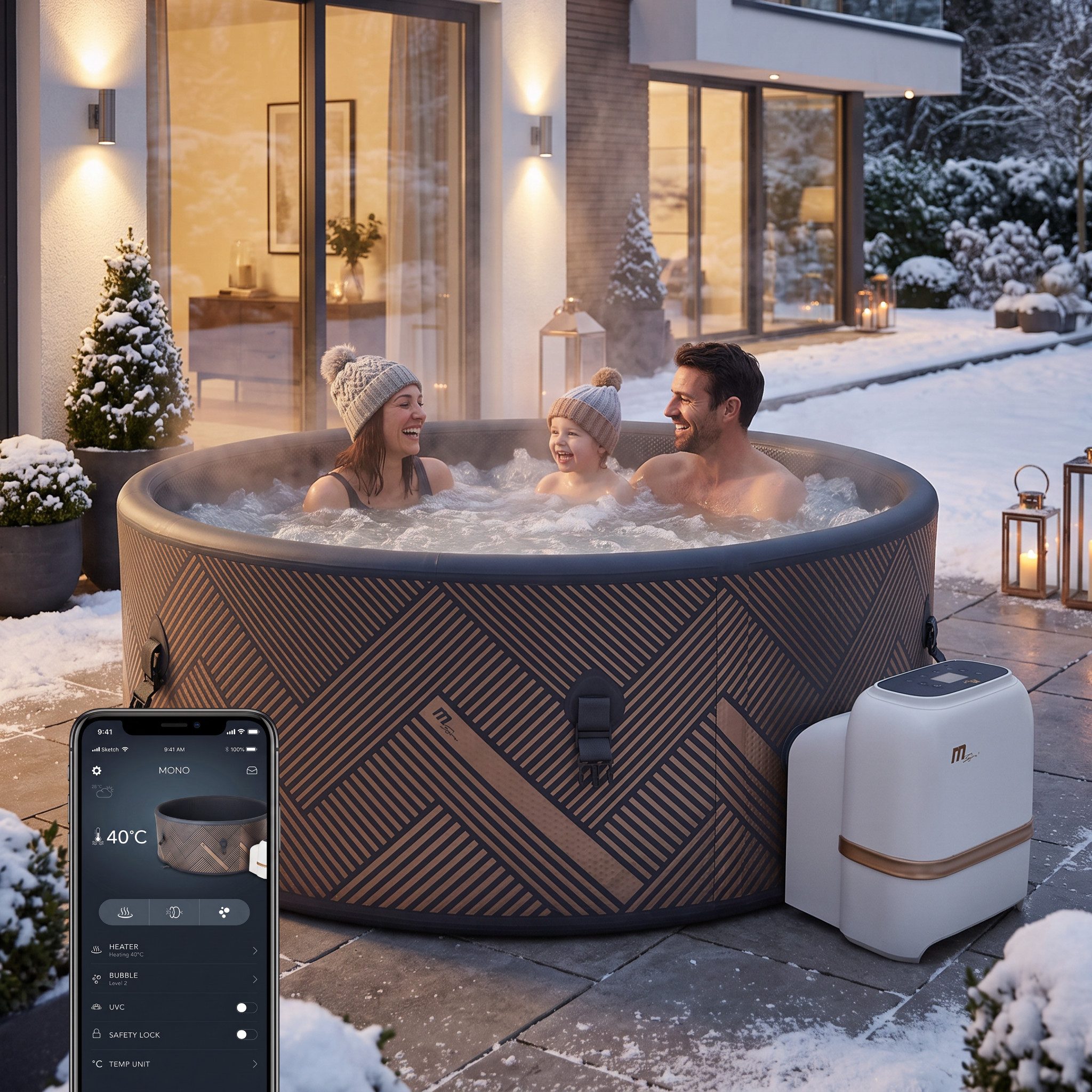 mSpa Whirlpool Outdoor Frame Mono F-MO062 Whirlpool für Terrasse, Doppelhubkolbenpumpe mit integriertem Manometer, (Whirlpool Outdoor 6 Personen, Luxus Garten Pool, Whirlpool aufblasbar, 2-tlg., Whirlpool mit Schnellheizsystem, Whirlpool Outdoor winterfest), Whirlpool mit UVC+ Wasserreinigung (20-fach effektiver)