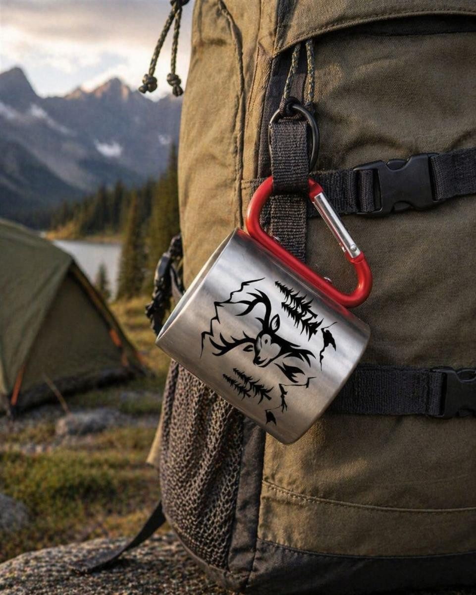 Geschenkestadl Becher 2 Metallbecher mit Karabiner, Camping, Wanderbecher mehrere Designs, Karabinerhaken Karabinergriff