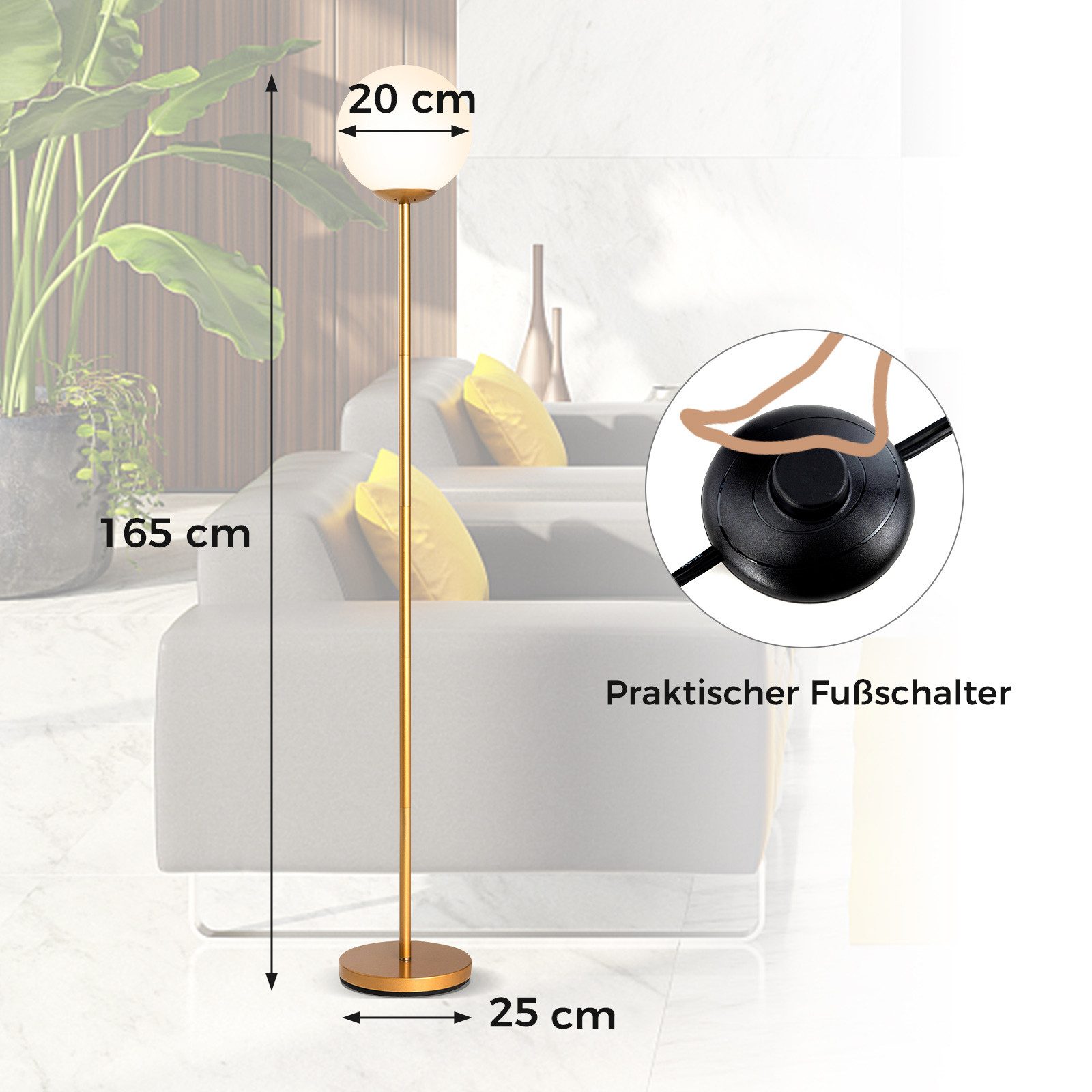COSTWAY Stehlampe, mit Fußschalter, E27-Glühlampensockel, stabilem Metallmast