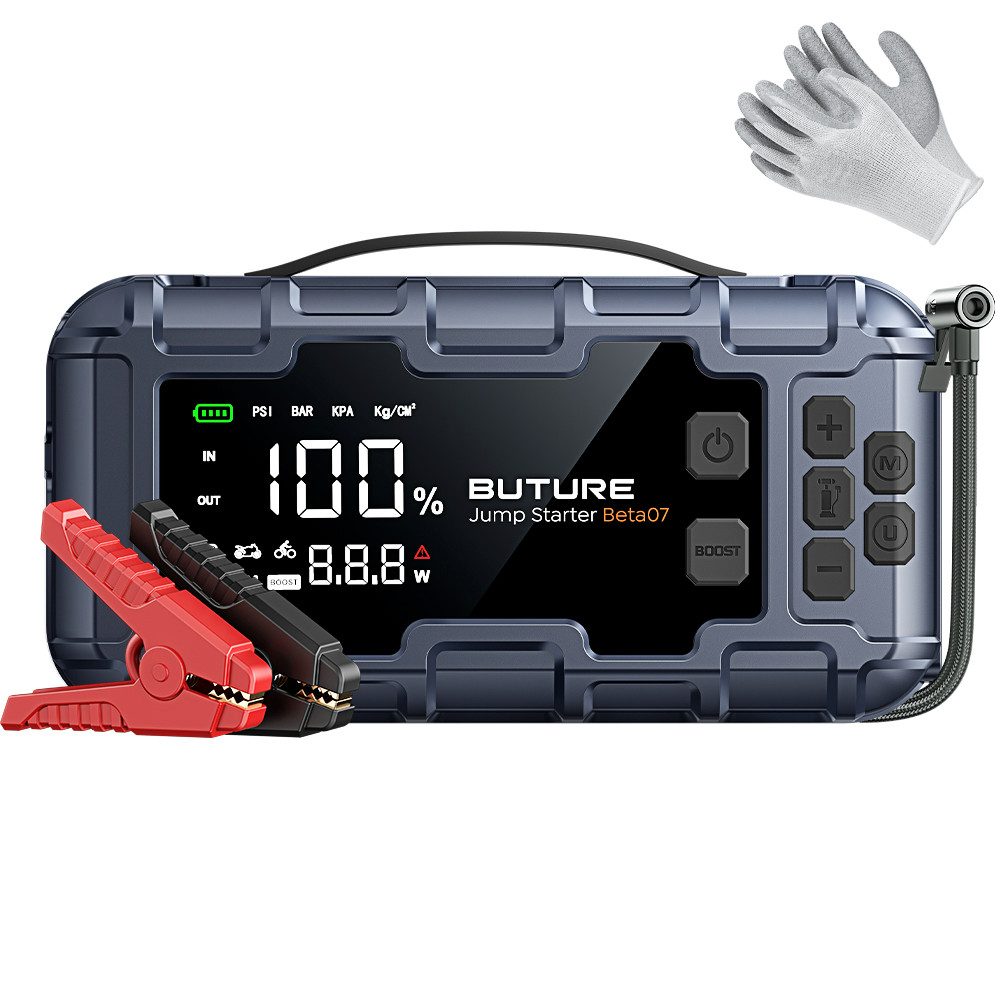 Buture 45W PD Schnellladung Starthilfegerät, 26800 mAh Powerbank, 6000A Starthilfegerät, 3-in-1 Powerbank, LED-Notlicht und 160 PSI-Reifenfüller, LCD-Display