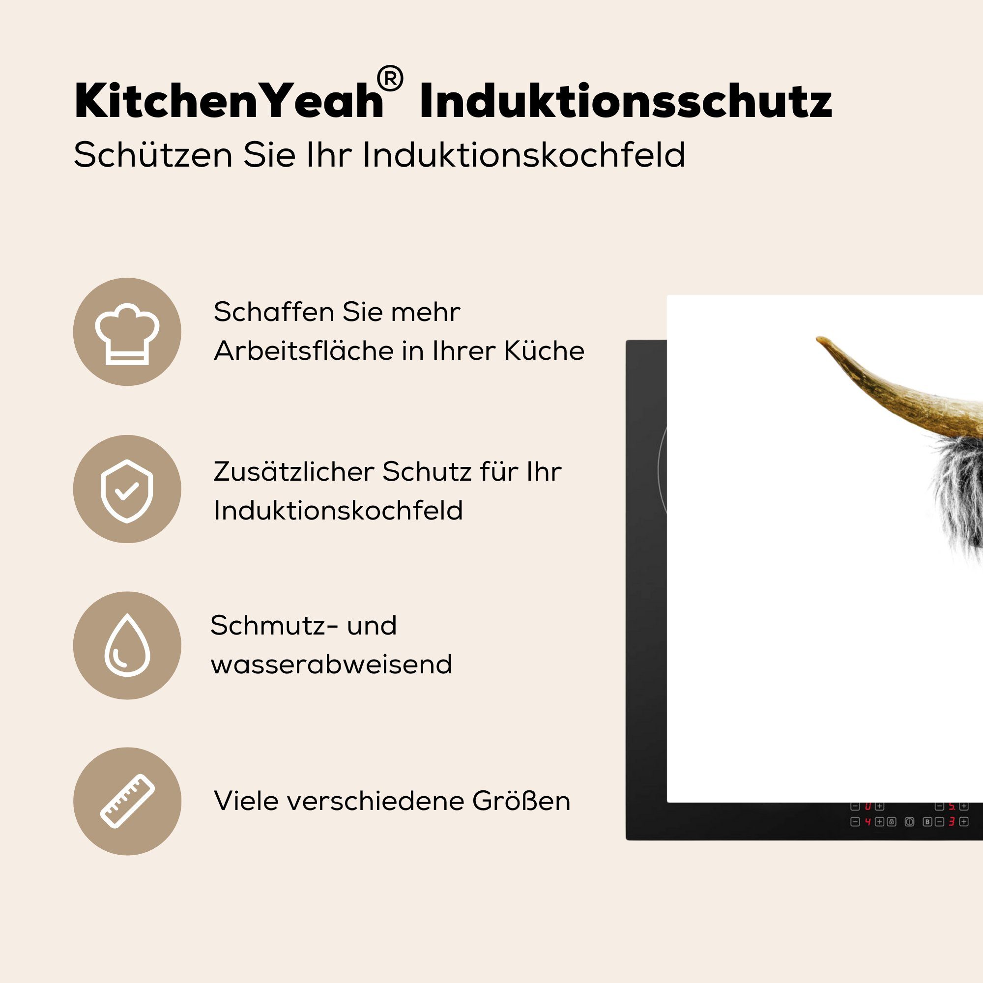 MuchoWow Herdblende-/Abdeckplatte Schottischer Highlander cm, Vinyl, die Tiere - - (1 Schutz - Ceranfeldabdeckung für Induktionskochfeld Schwarz küche, Gold, 71x52 tlg)