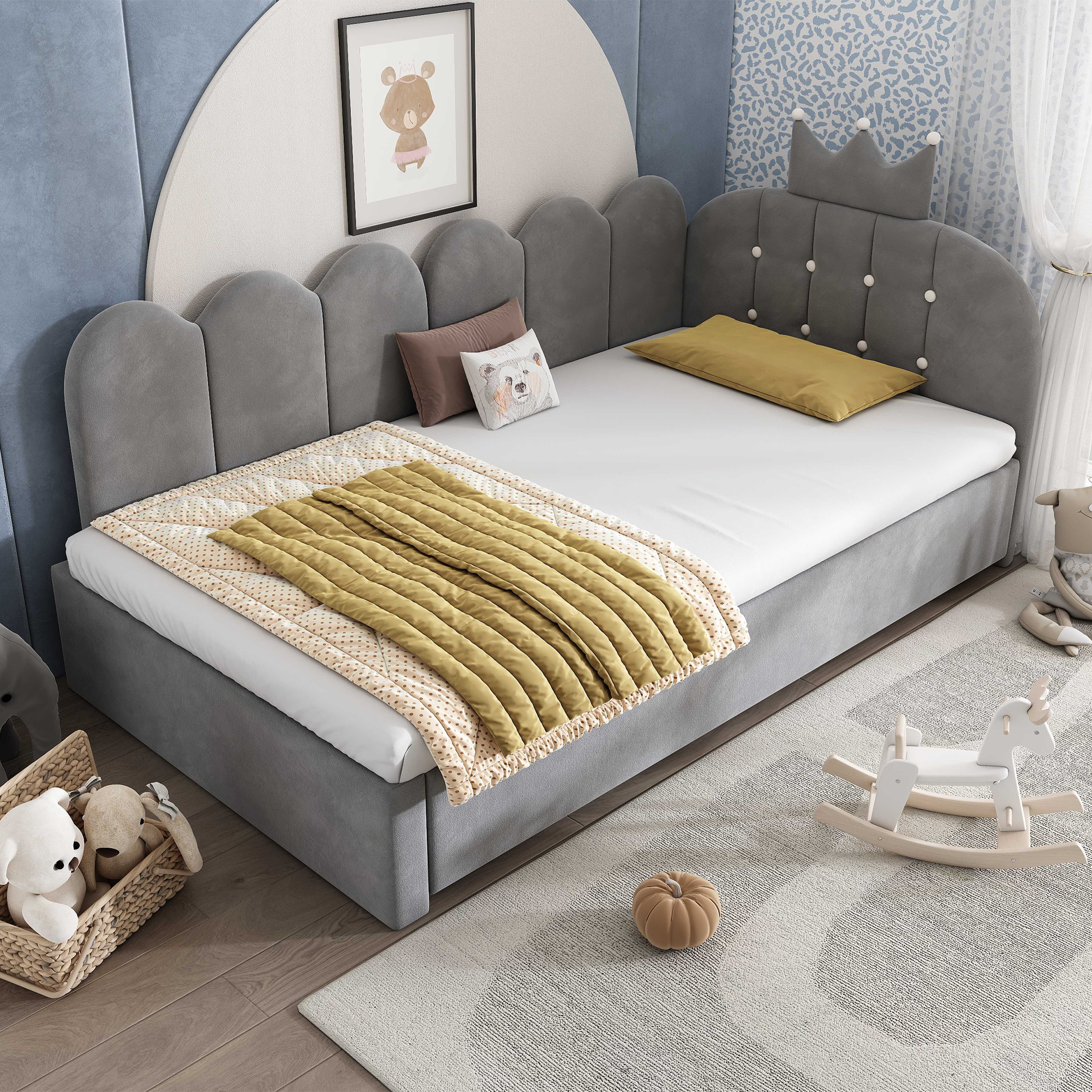 BlingBin Daybett Samt Tagesbett 90x200 cm mit Ausziehbett 90x190 cm (Schlafsofa L-Form umbaubar, Kronen‑Gitter Design, 1 tlg), Kinderbett ohne Matratze, ideal fürs Kinderzimmer, Gästezimmer