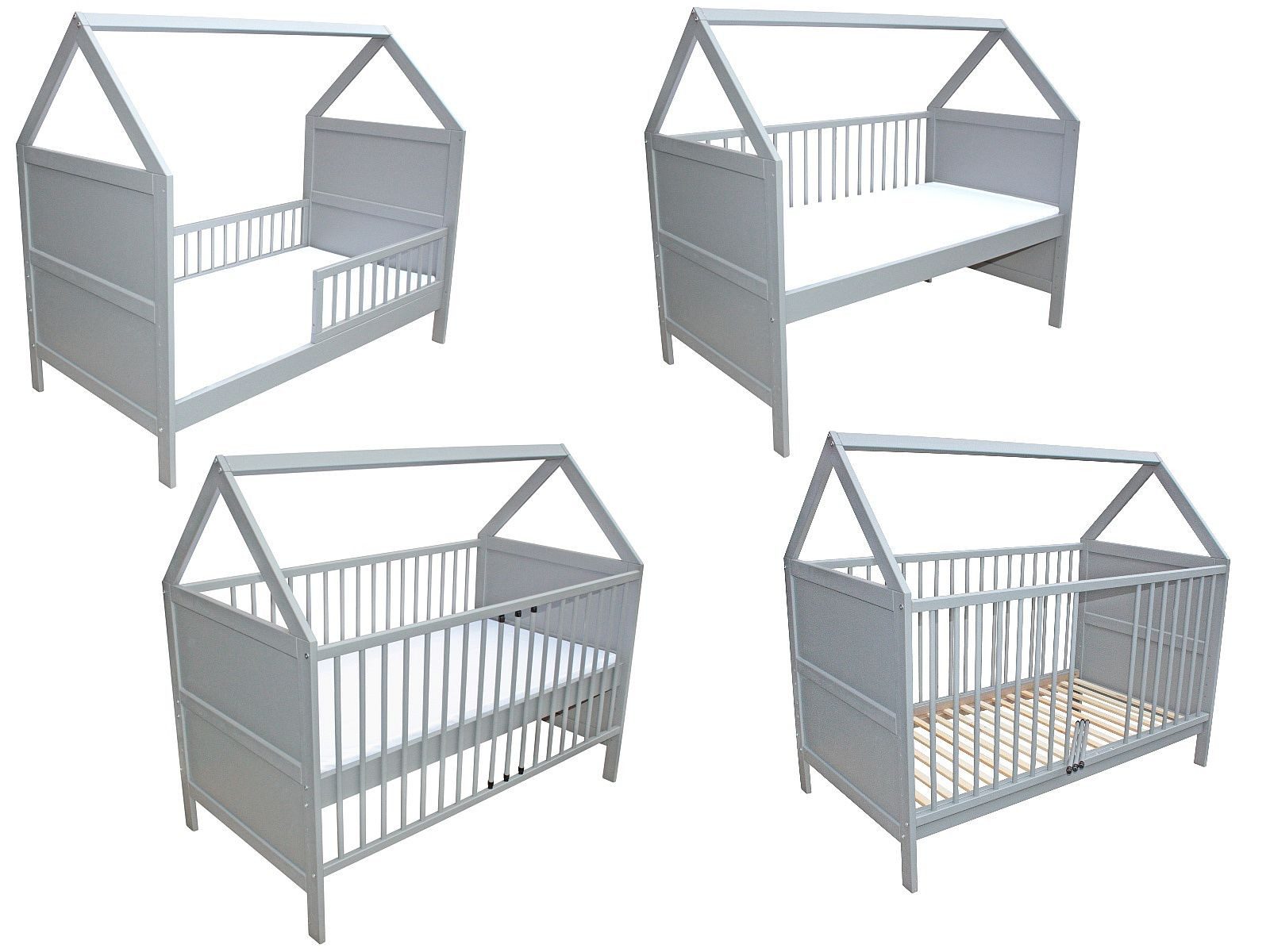 Kinderbett Babybett Kinderbett Beistellbett Haus 140x70cm + Matratze 0-6 J. grau