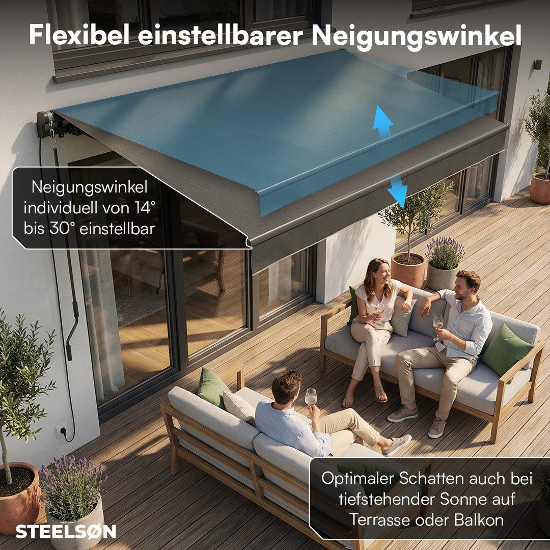 STEELSØN Gelenkarmmarkise Kestria, elektrische Sonnenmarkise vormontiert (300x250) Balkonmarkise inkl. Fernbedienung & Wandhalterung, wetterfest