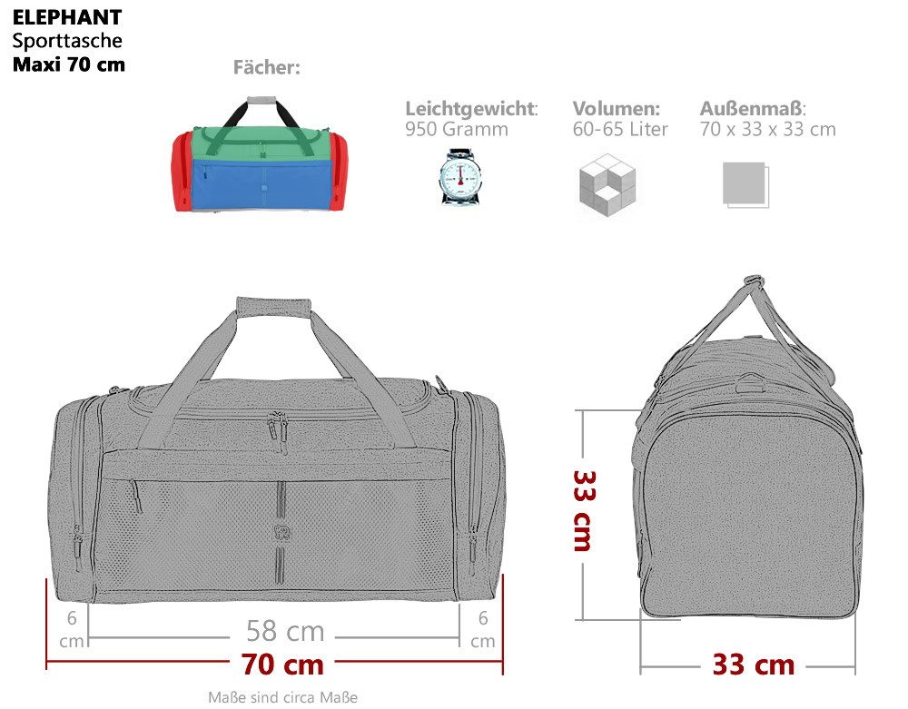 ELEPHANT Extra Large Sports Bag, Sauna Bag, Travel Bag Maxi XL 70 cm, 65 Liter Gym Bag, Football Bag XXL + Water Bottle