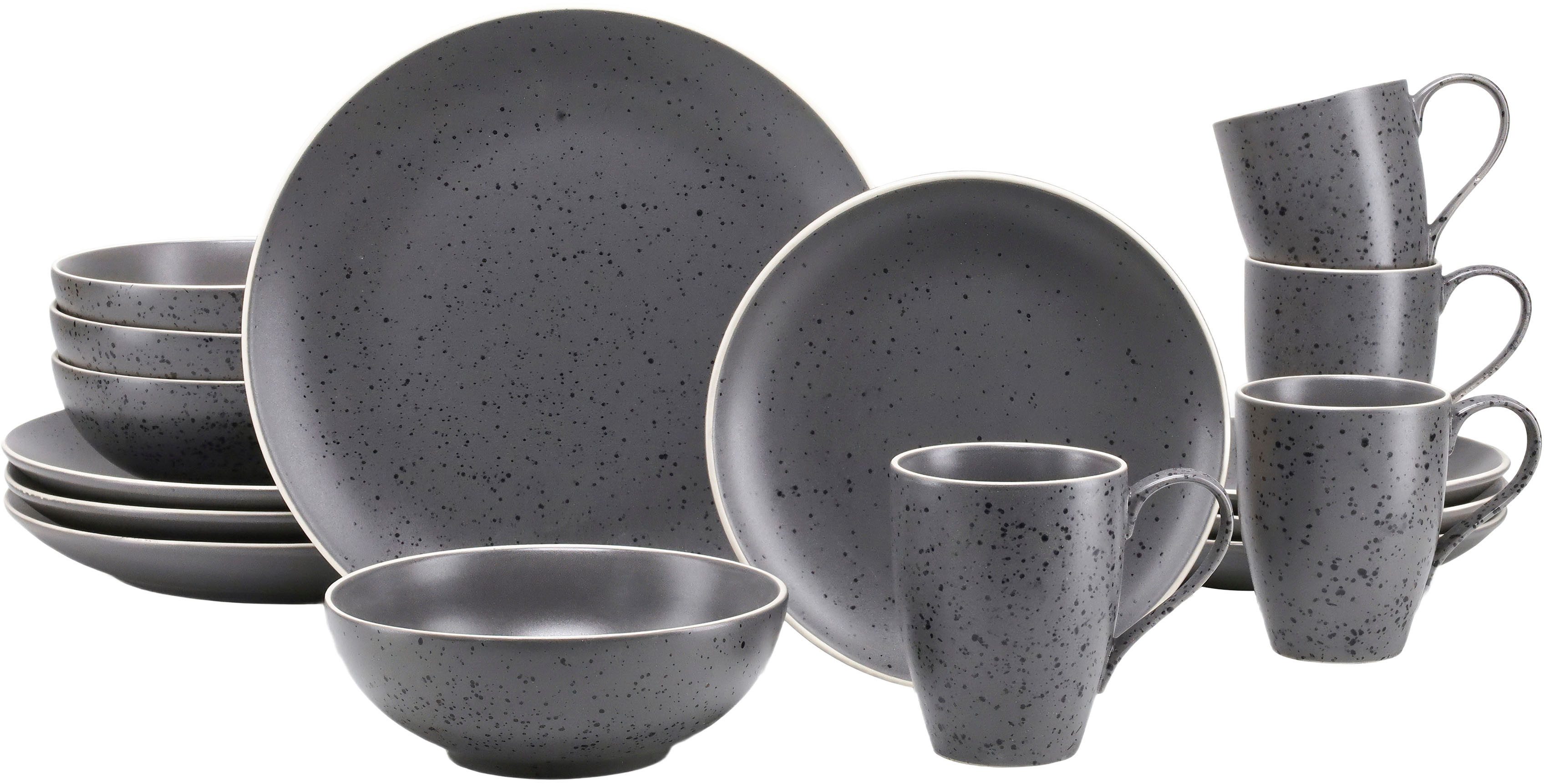 CreaTable Kombiservice Geschirr-Set Industrial Chic (16-tlg), 4 Personen, Steinzeug, Service, seidenmatte Sprenkelglasur, 16 Teile, für 4 Personen