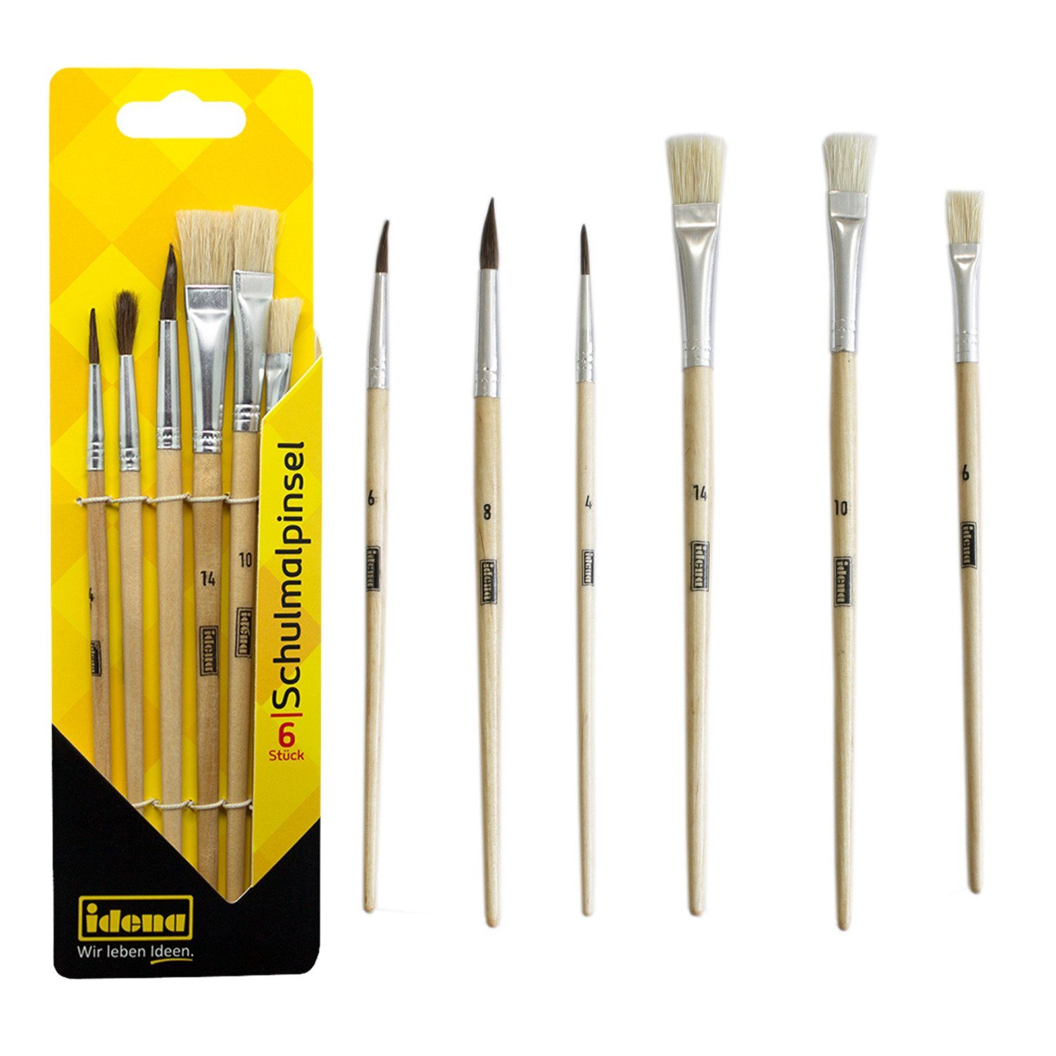 Idena Malpinsel Idena 60104 - Schulpinsel, in 6 Größen, 3 Rundpinsel & 3 Borstenpinsel, (Set, Haarpinsel in 4, 6, 8 & Borstenpinsel in 6, 10, 14)