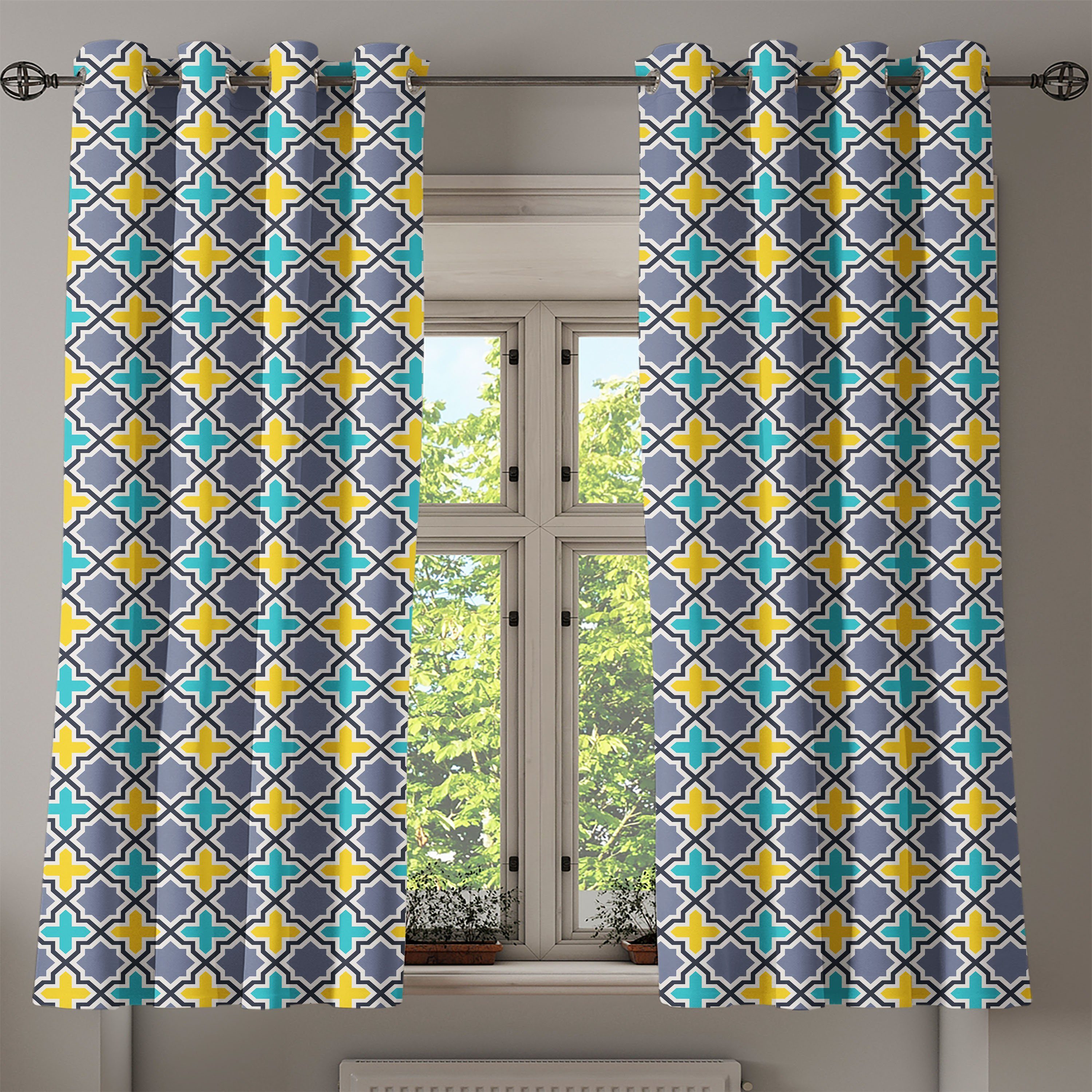 Gardine Dekorative 2-Panel-Fenstervorhänge für Gitter Retro-Muster Wohnzimmer, Schlafzimmer Antik Abakuhaus