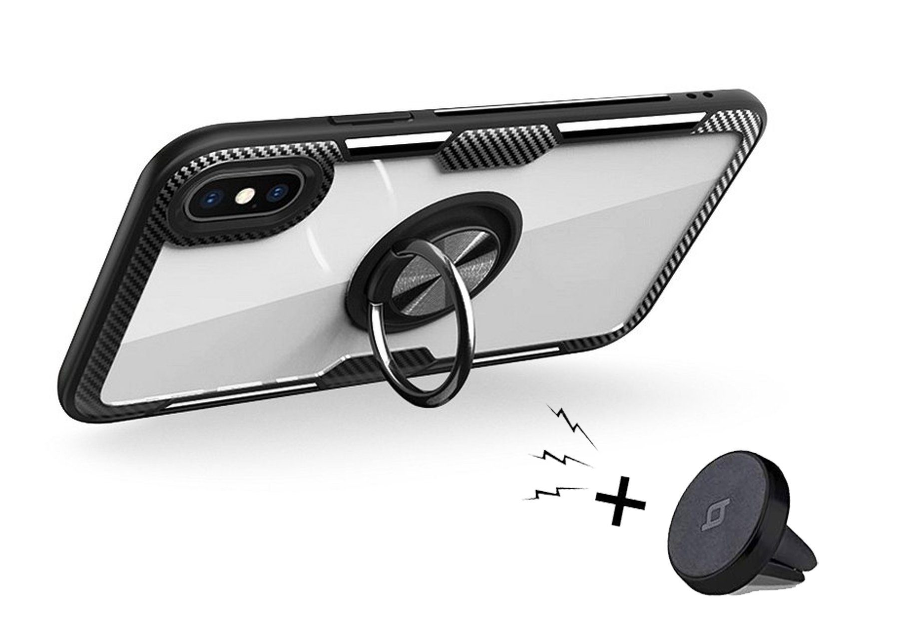 cofi1453 Bumper 360 Grad Schutz Hülle Ring magnetisch Ständer + KFZ Handy Halterung  Magnet Carbon Clear kompatibel mit Xiaomi Mi 10 Pro