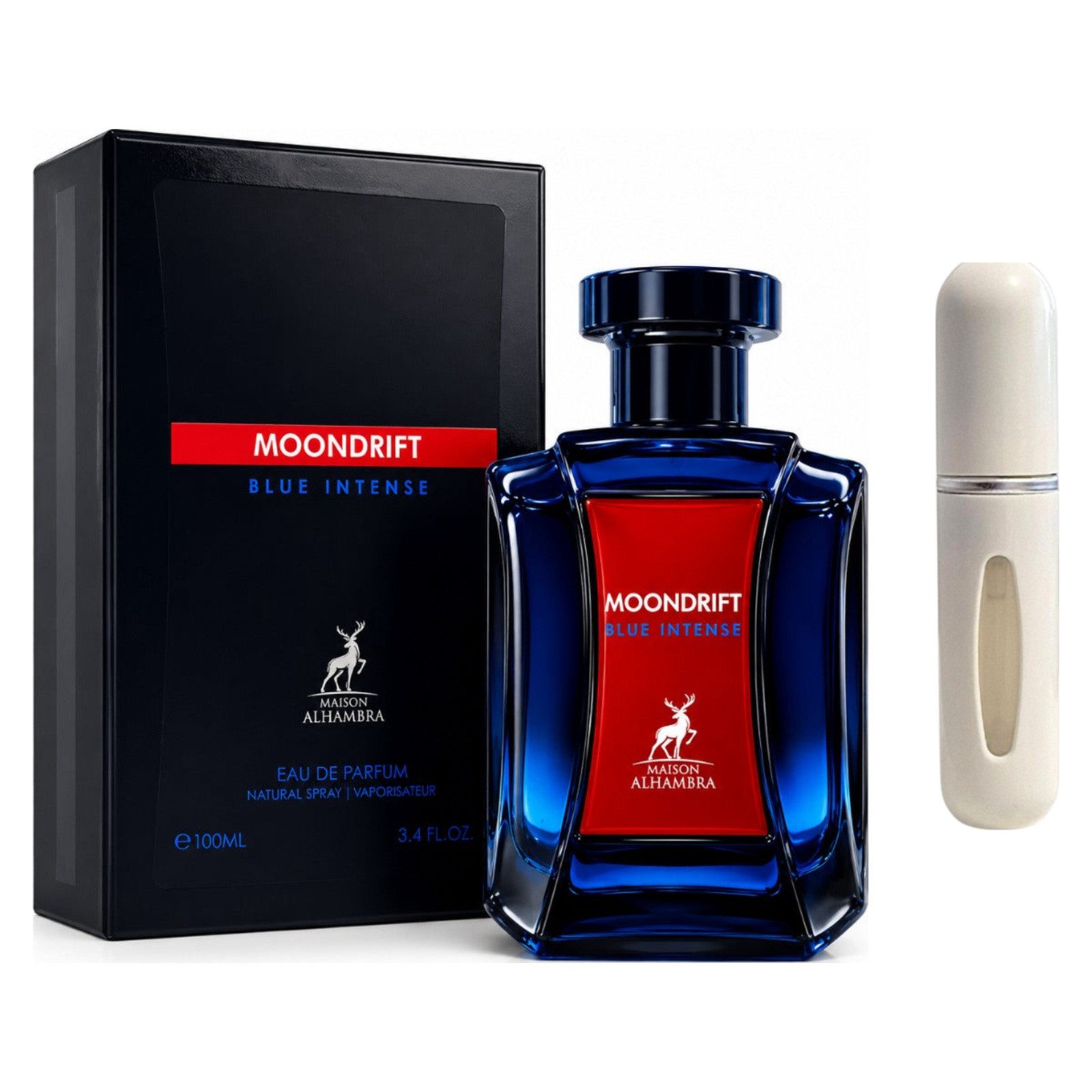 Maison Alhambra Duft-Set Moondrift Blue Intense EDP – Frisch Holzig + Parfümzerstäuber (leer)