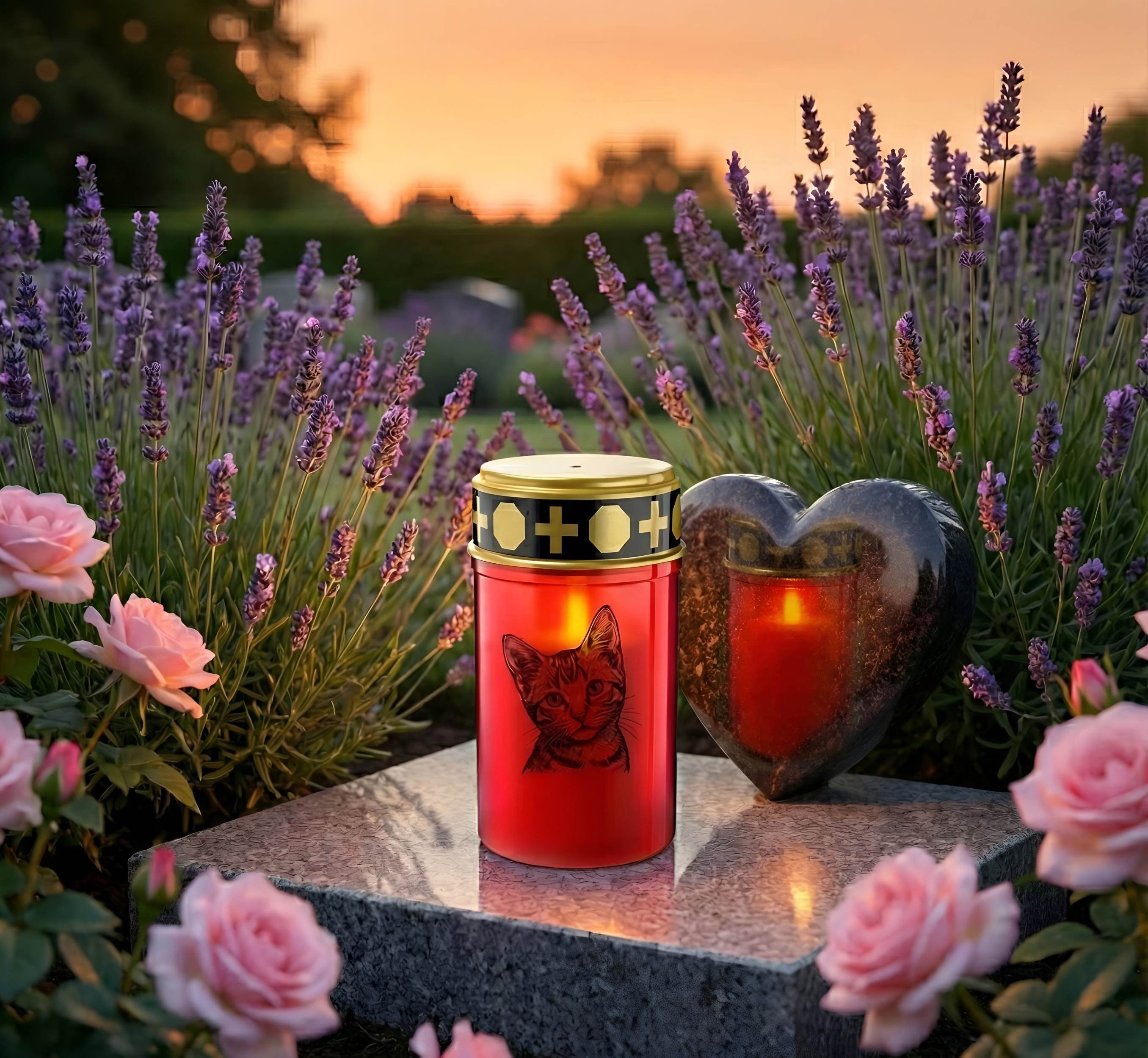 Fachhandel Plus Grabkerze LED Grablicht Katze, wetterfest – mit Flacker-Effekt, sofort einsatzbereit mit 2 leistungsstarken Camelion Batterien