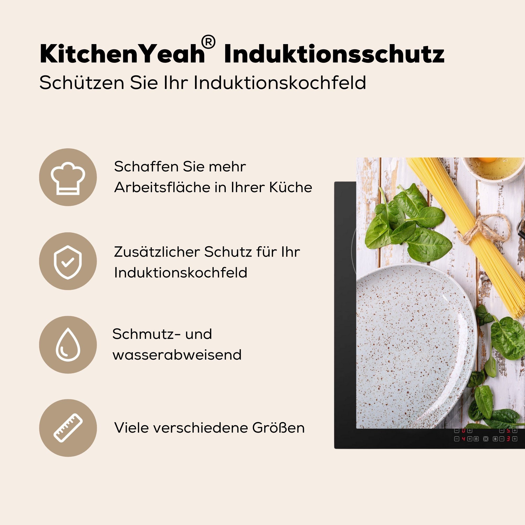 MuchoWow Herdblende-/Abdeckplatte Nudeln - Kräuter Küche, - cm, tlg), 59x51 - - Vinyl, Induktionskochfeld, Ceranfeldabdeckung Induktionsschutz, (1 Zitrone Ei