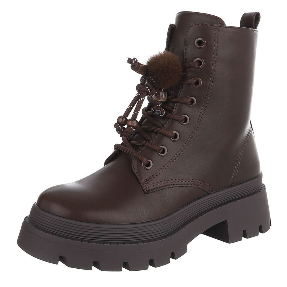 Ital-Design Damen Schnürstiefel mit Profilsohle und Fell-Detail Schnürstiefelette (92268870) Blockabsatz Stiefeletten in Braun