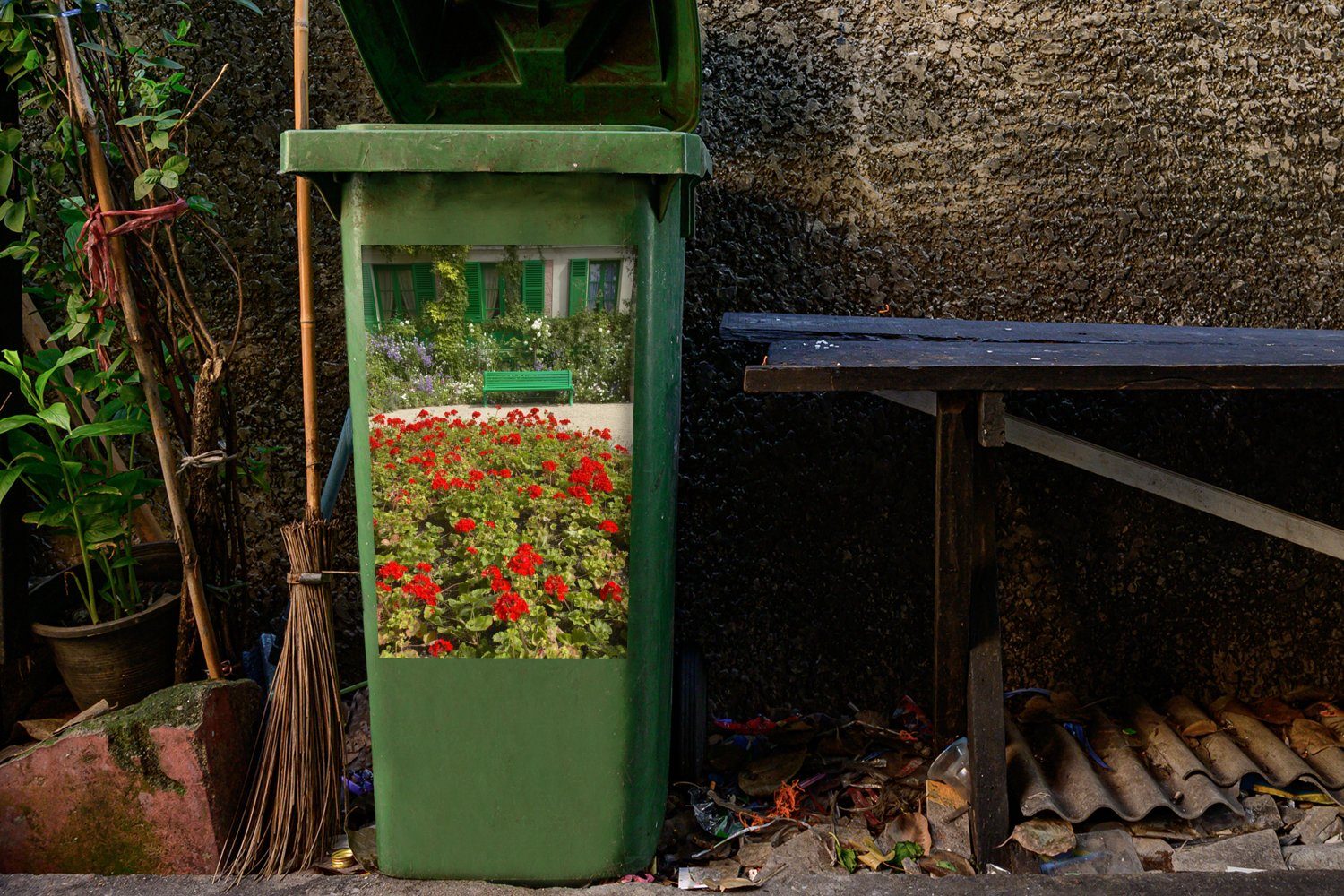 im Container, Bank St), Mülleimer-aufkleber, Europa MuchoWow (1 Mülltonne, Abfalbehälter französischen Sticker, von mit Wandsticker Blumen Monet Garten in
