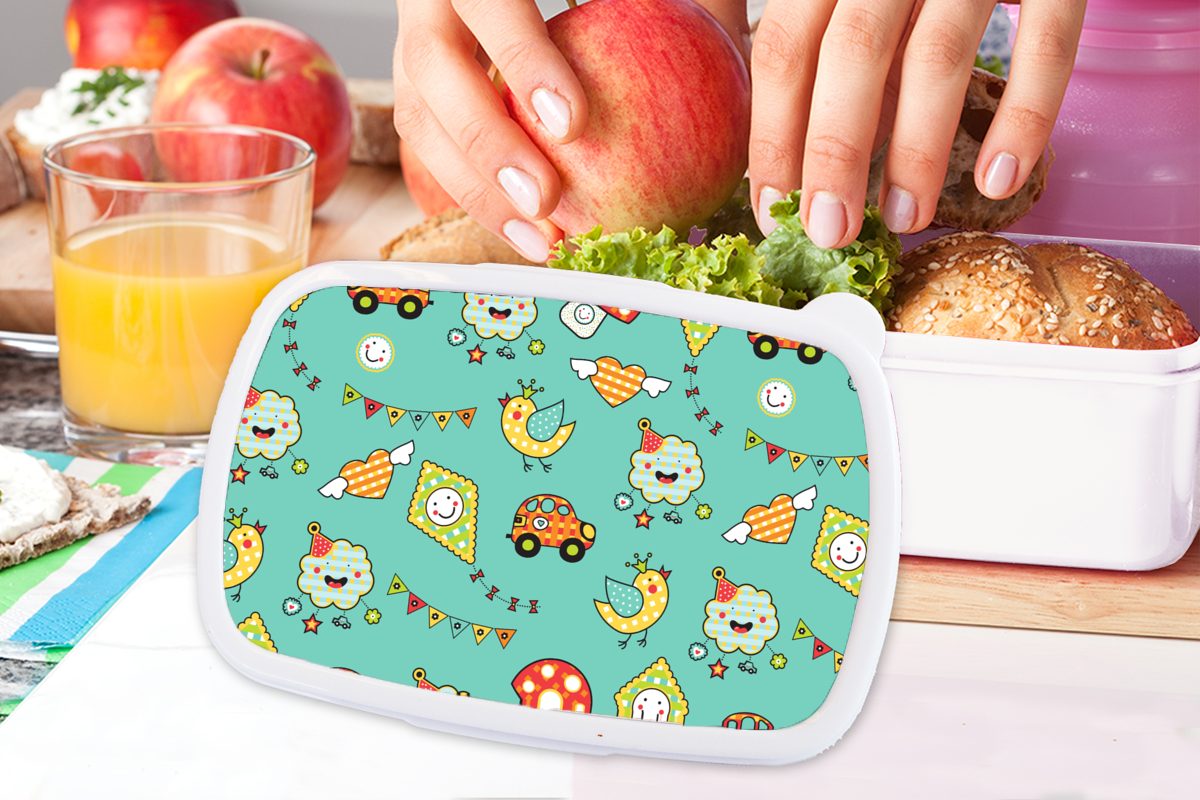 Kunststoff, Brotdose, für Kinder - Jungs Erwachsene, Mädchen und MuchoWow weiß Kinder Auto Lunchbox für Vogel, Brotbox - und (2-tlg), Muster -
