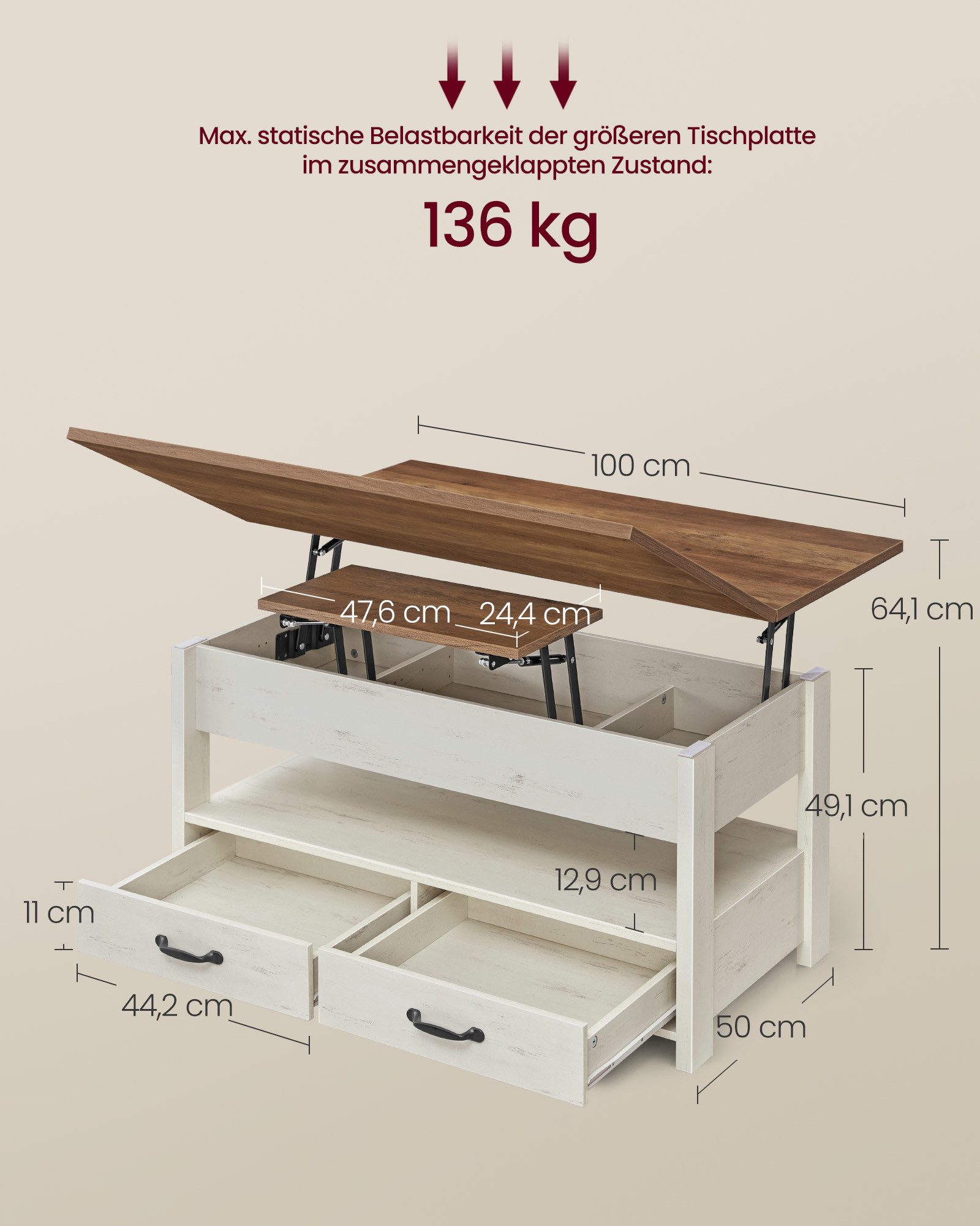 VASAGLE Couchtisch höhenverstellbar, Wohnzimmertisch, viel Stauraum, rechteckig (Doppel-Hebemechanismus, inkl. Zubehörpaket & Anleitung), Multifunktion, aufklappbar, Schubladen Landhausstil