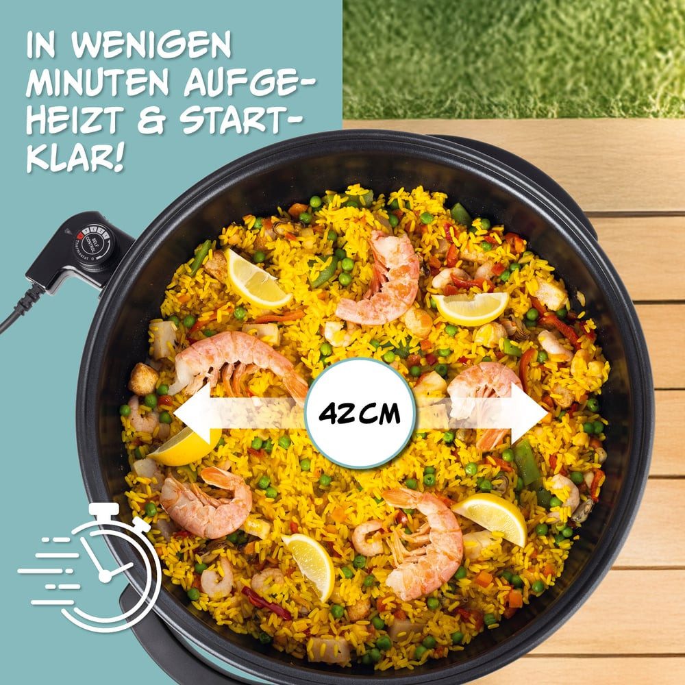 GOURMETmaxx Elektrische Pfanne 1500W metallic schwarz 42cm mit Deckel & Trenner, 1500 W, Pasta Pizza ohne Herd zubereiten Antihaftbeschichtung mit Cool-Touch