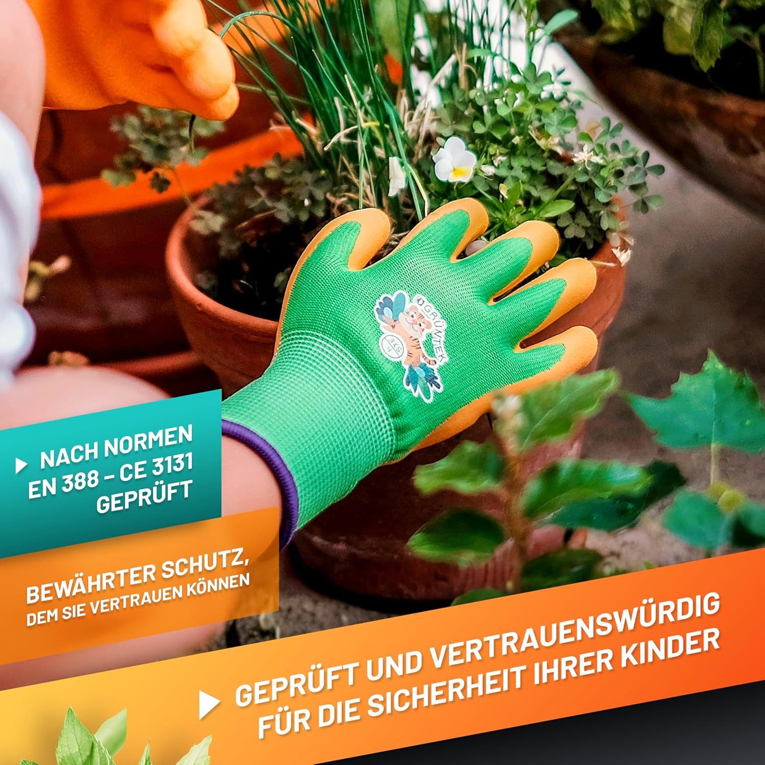 GRÜNTEK Gartenhandschuhe Kinder-Sicherheitsgartenhandschuhe, rutschfeste Latexbeschichtung (Set, 8-St., 4 Paar Größe XXXS / 4) bunt, geprüft und zertifiziert na – Bild 4 von 5