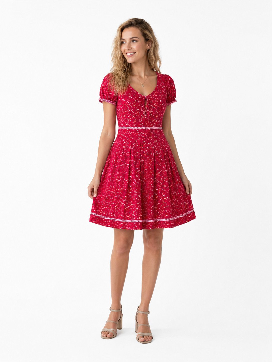 Ramona Lippert Trachtenkleid Andrea Sommerkleid rot geblümt mit Puffärmeln Rocklänge 60 cm