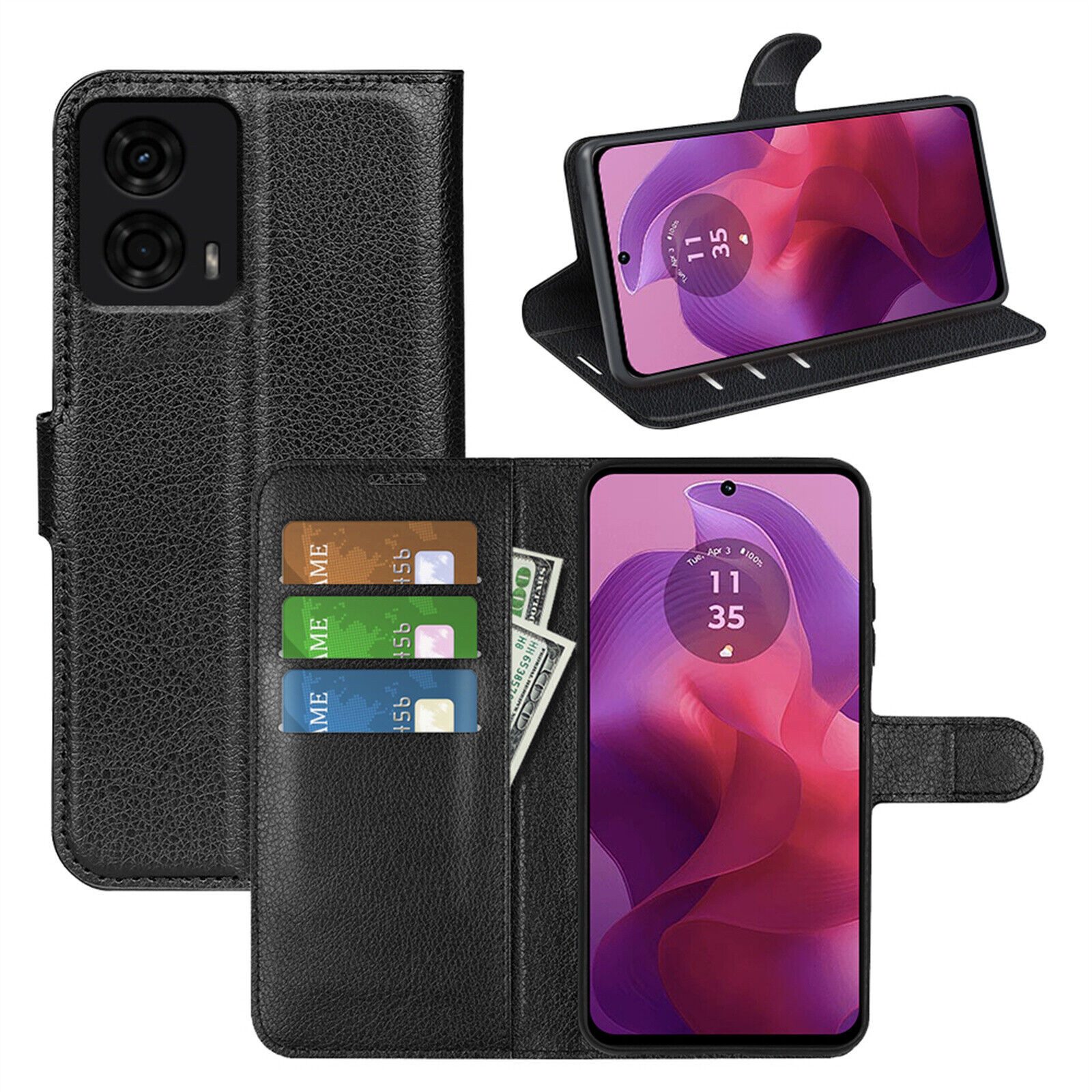 betterfon Handyhülle Handytasche für Motorola Moto G04/ G24/ E14 Klapphülle Schwarz, 3 Kartenfächer, Magnetverschluss & Standfunktion im Lederlook