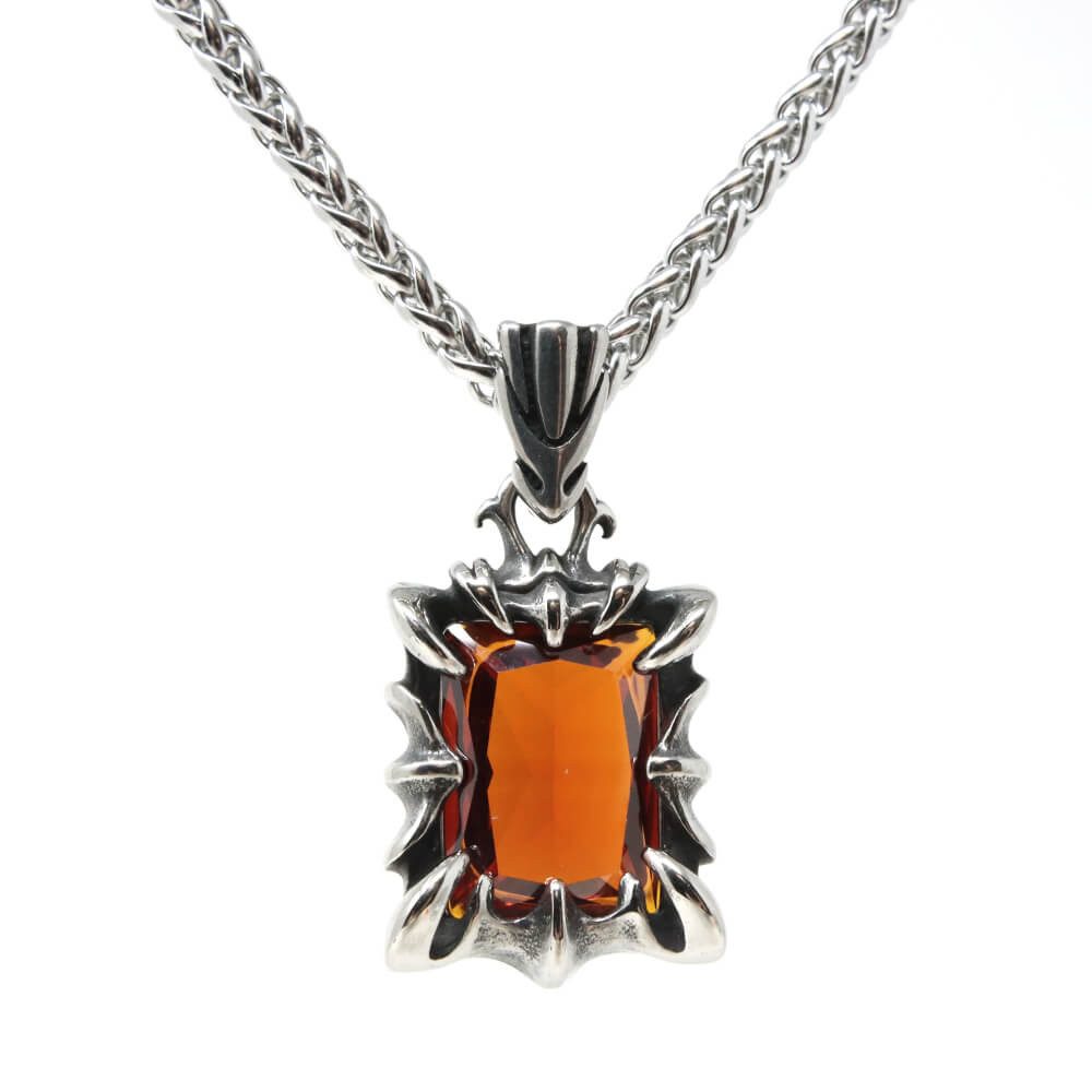 DALMARO Kette mit Anhänger Lederkette Edelstahlkette 316L ORANGE STEIN, Herren Halskette Biker / Wikinger Kette - Schmuckbox