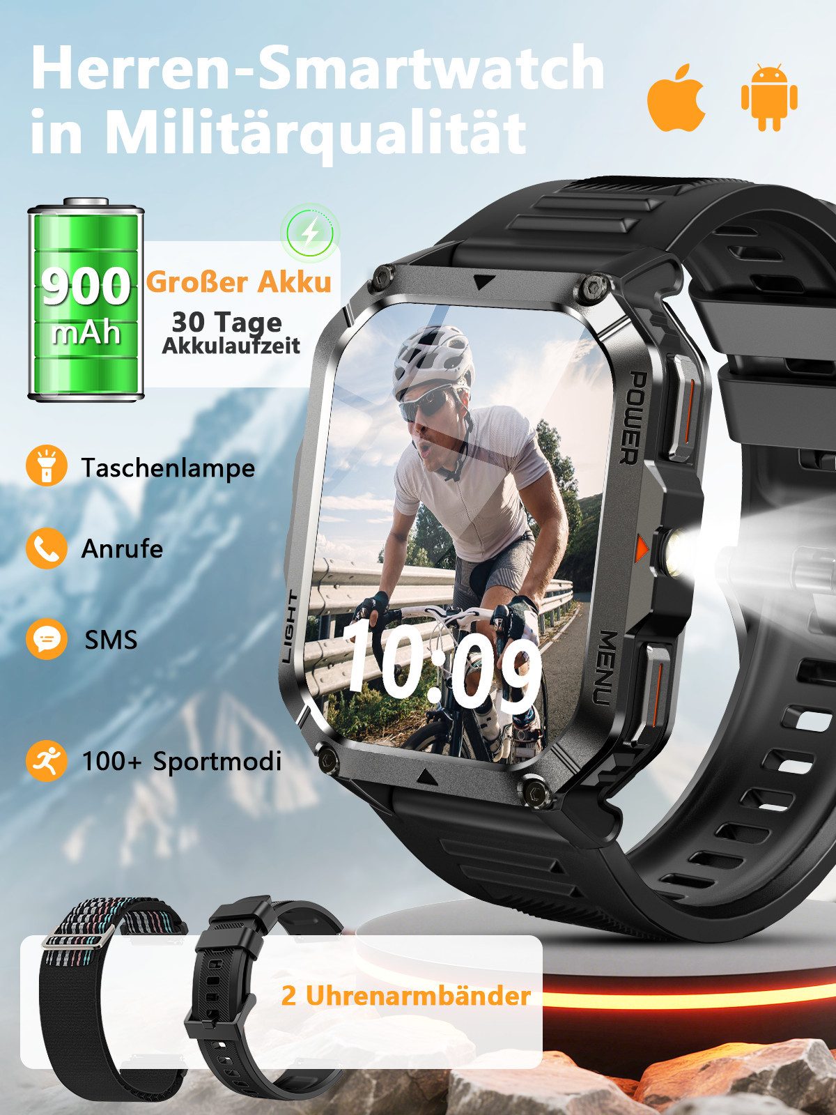 blackview Militär-Smartwatch Herren mit 900mAh Akku/LED-Taschenlampe/Kompass/SOS Smartwatch (2.01 Zoll, iOS/Android), 2-tlg., 3 x Riemen / 2 x Riemen und Ladekabel, Herzfrequenz,SpO₂& Schlafüberwachung,100+ Sportmodi,Schrittzähler,IP68