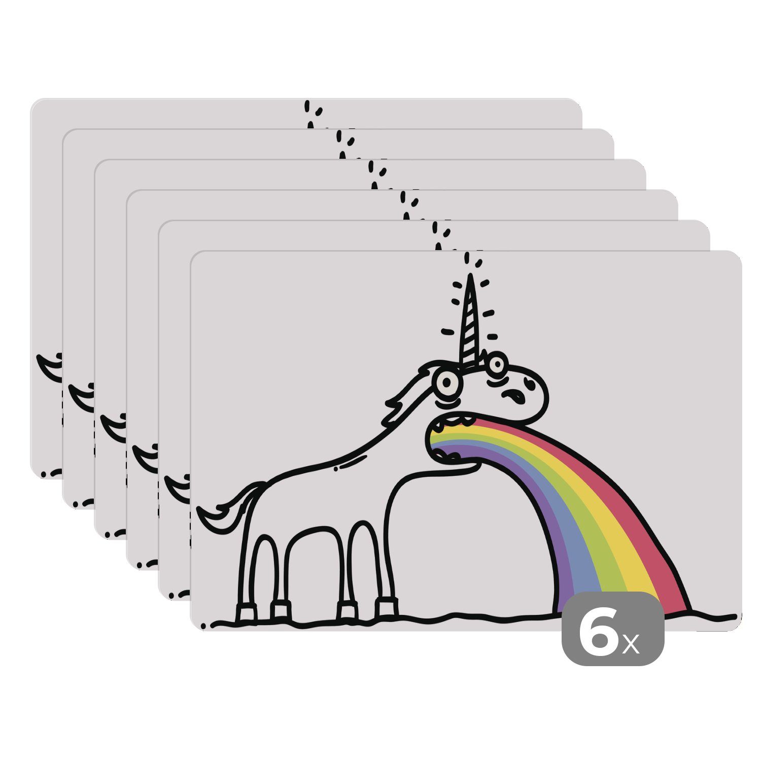 Platzset, Eine Illustration eines Einhorns, das einen Regenbogen ausspuckt -, MuchoWow, (6-St), Platzset, Platzdecken, Platzmatte, Tischmatten, Schmutzabweisend