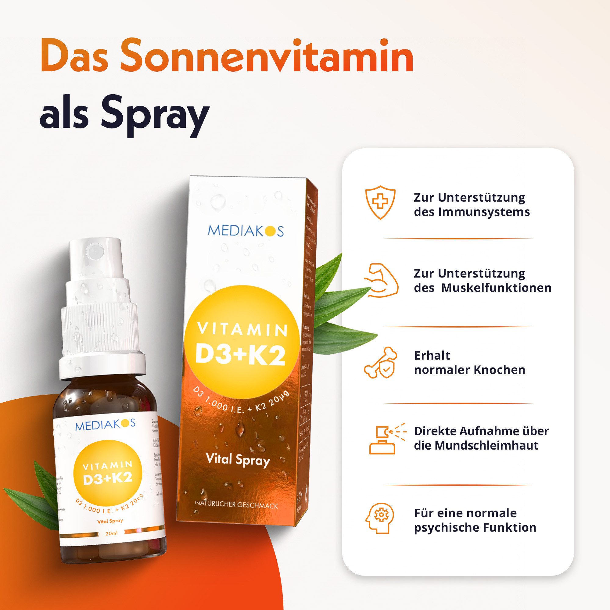 Mediakos Mediakos Vitamin D3 + K2 1.000 I.E. 20 µg Vital Spray, für Immunsystem, Knochen, Zähne und Muskeln – Geschmacksneutral & Ohne Zucker! à 20 ml