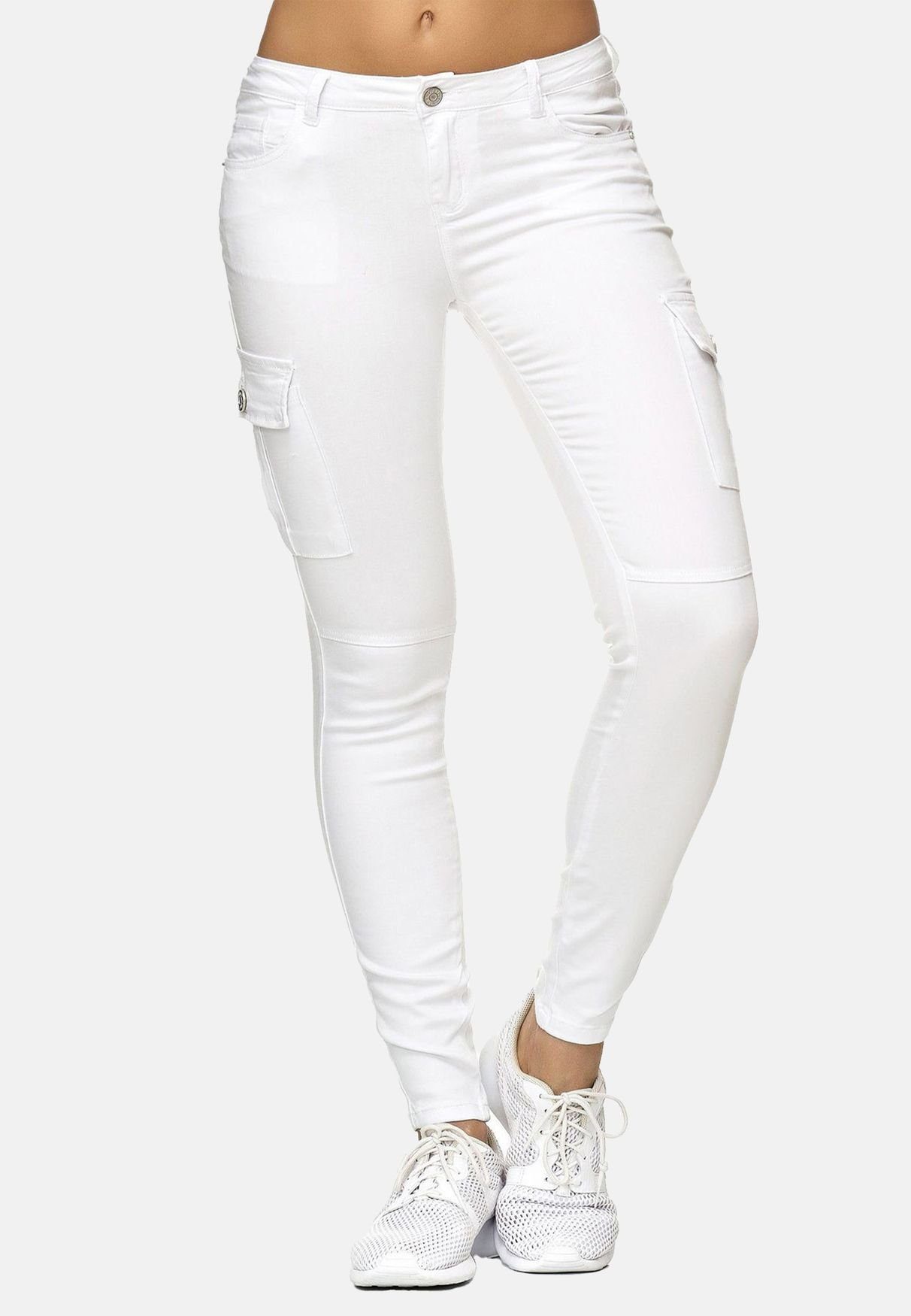 Nina Carter Stoffhose Denim Cargo Stretch Jeans Hose Röhrenjeans (1-tlg) 2222 in Weiß