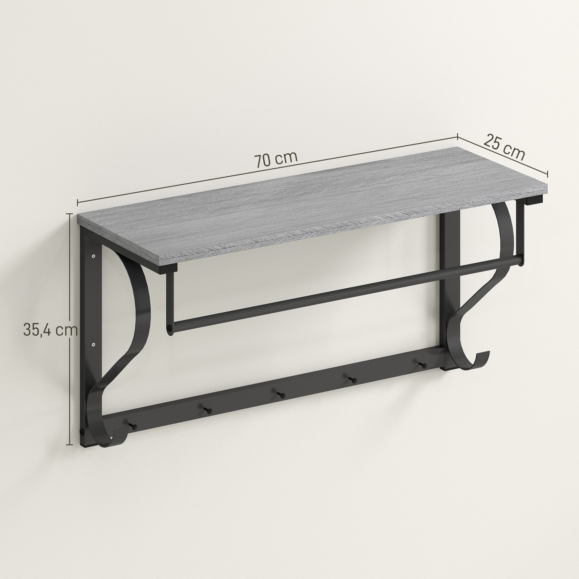 HOMCOM Garderobenleiste mit Ablage, 5 Haken und Stange (Wandgarderobe, 1 St., Wandregal), für Flur, Wohnzimmer, Schlafzimmer, Badezimmer Grau