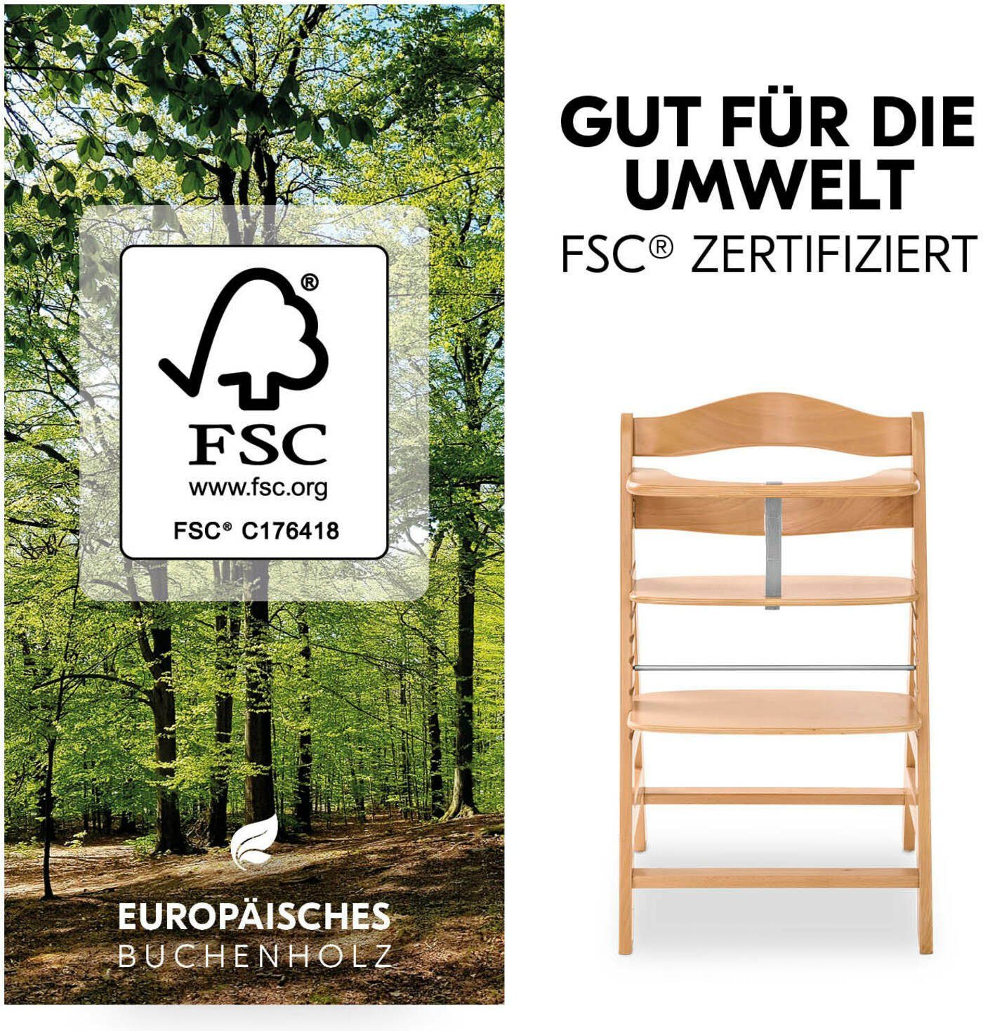 Hauck Hochstuhl Newborn Set, mit - FSC® Wald Alpha Newborn - Nature Grey, weltweit schützt Aufsatz