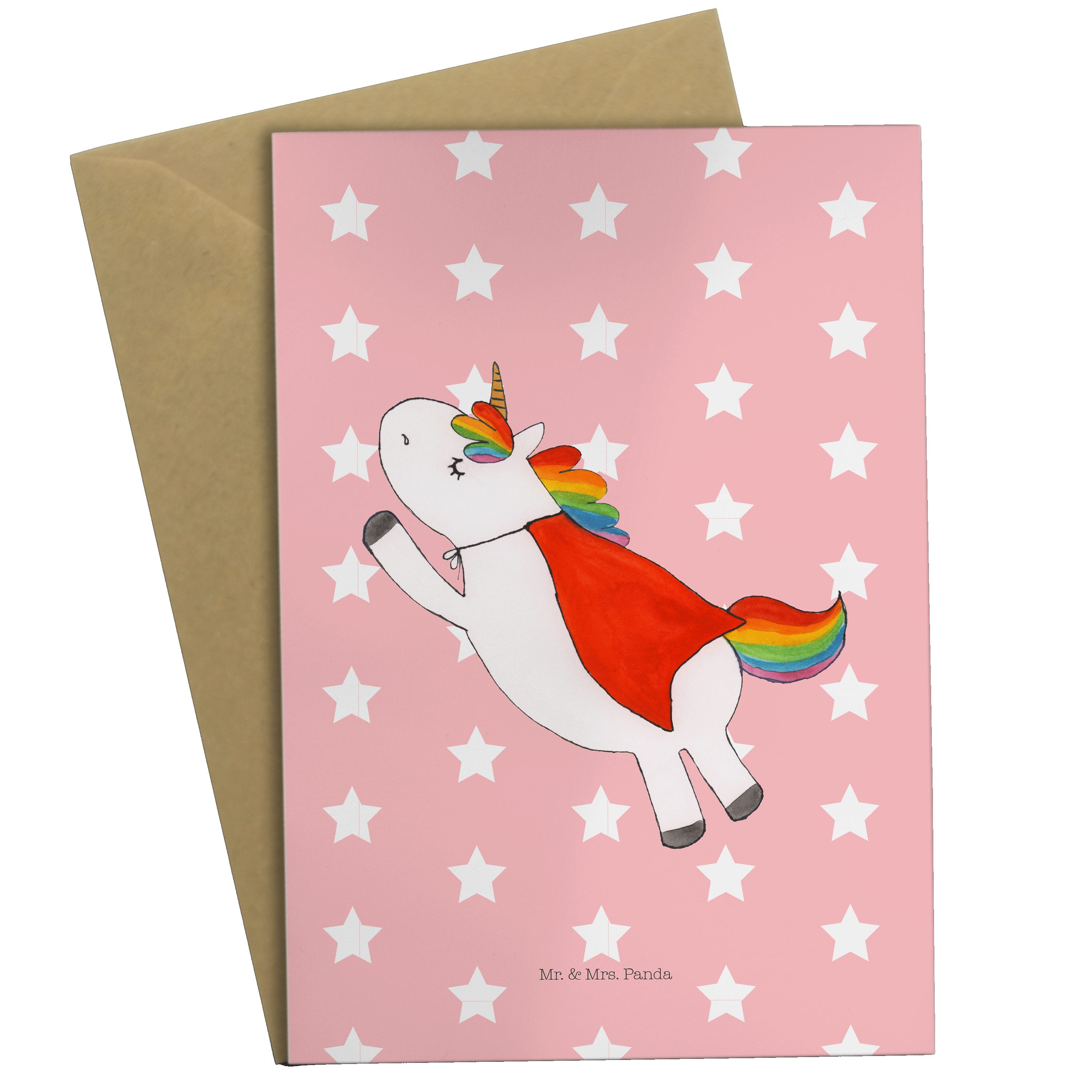 Mr. & Mrs. Panda Grußkarte Einhorn Super - Rot Pastell - Geschenk, Glückwunschkarte, Einladungsk