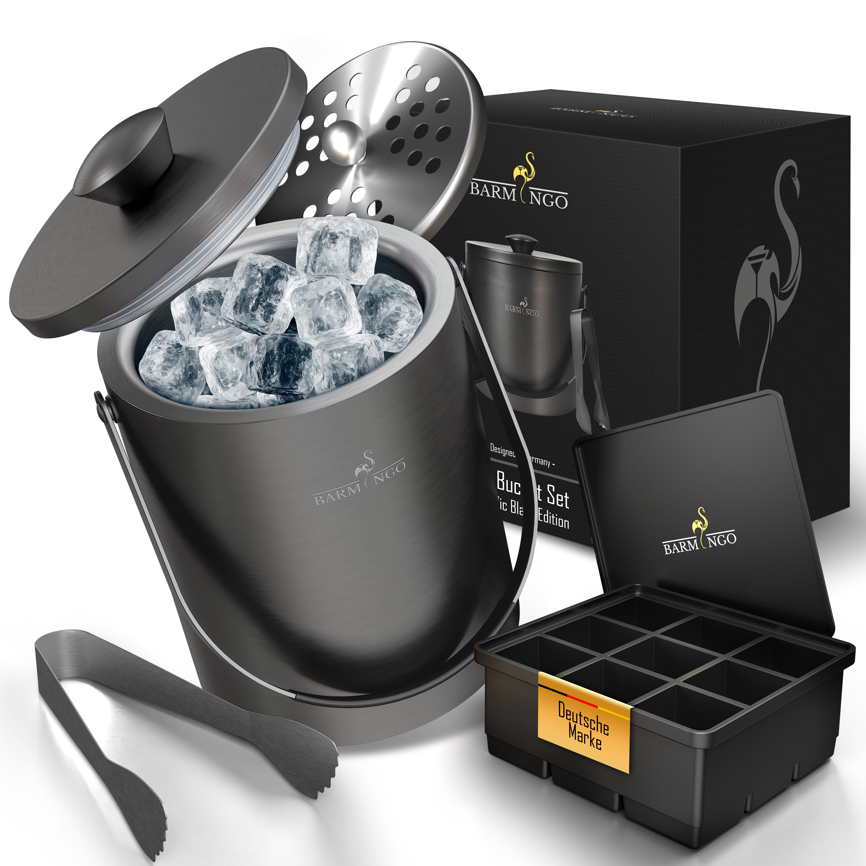 BARMINGO Контейнери для кубиків льоду mit Кришки (2 Liter), Edelstahl Eiskübel, (Eisbehälter Set, 3-tlg., mit Sieb, XXL Silikon Eiswürfelform & Zange), Eiseimer doppelwandig, isoliert, BPA-frei, Silikondeckel