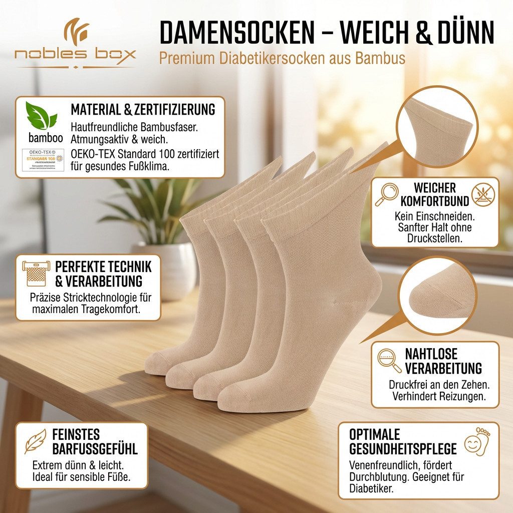 NoblesBox Diabetikersocken Diabetikerstrümpfe Damen - Weicher Komfortbund - Venenfreundlich (Beutel, 4 Paar) Bambussocken