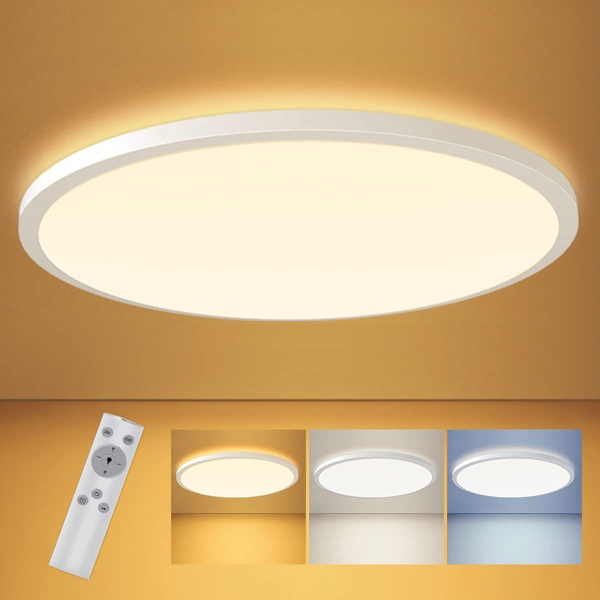 JOEAIS LED Deckenleuchte Deckenlampe Led Deckenleuchte Flach Lampen Ceiling  Light Küchenlampe, mit Fernbedienung Ø295 mm 1600 Im IP54 wasserdicht  3000K-6000K