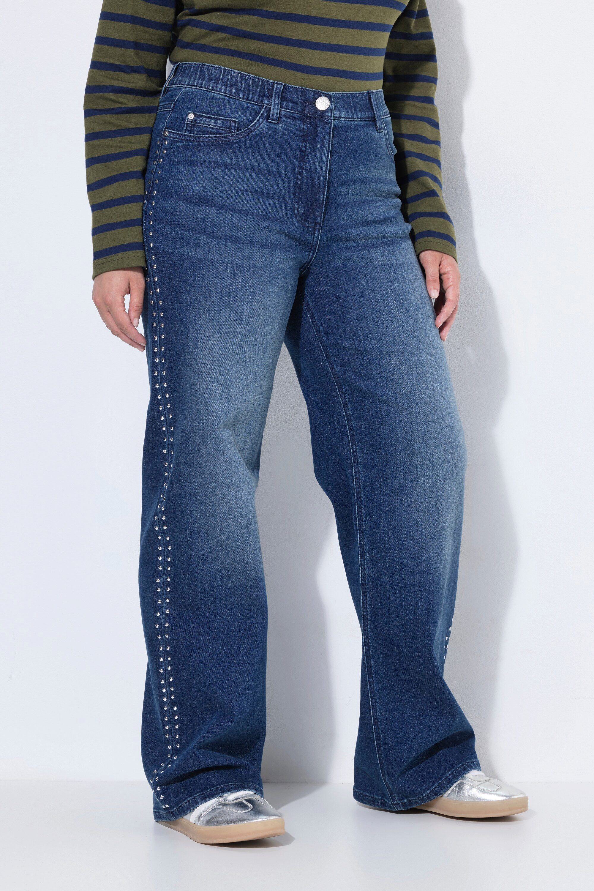 Ulla Popken 5-Pocket-Jeans Jeans Mary Ziernieten weites Bein Wascheffekte