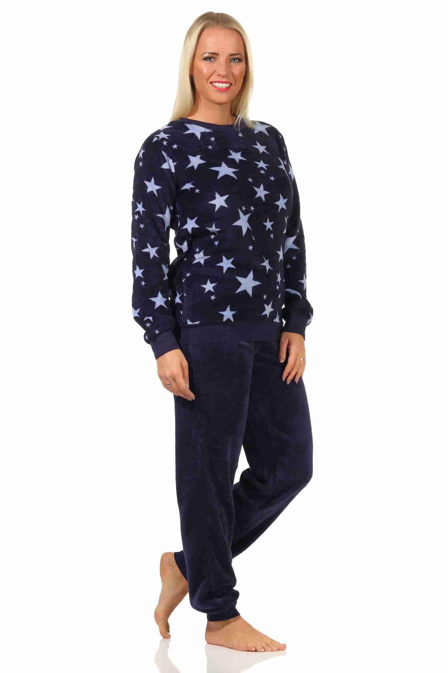 Normann Pyjama Damen Coralfleece Pyjama Bündchen marine Motiv Sternen mit als langarm und