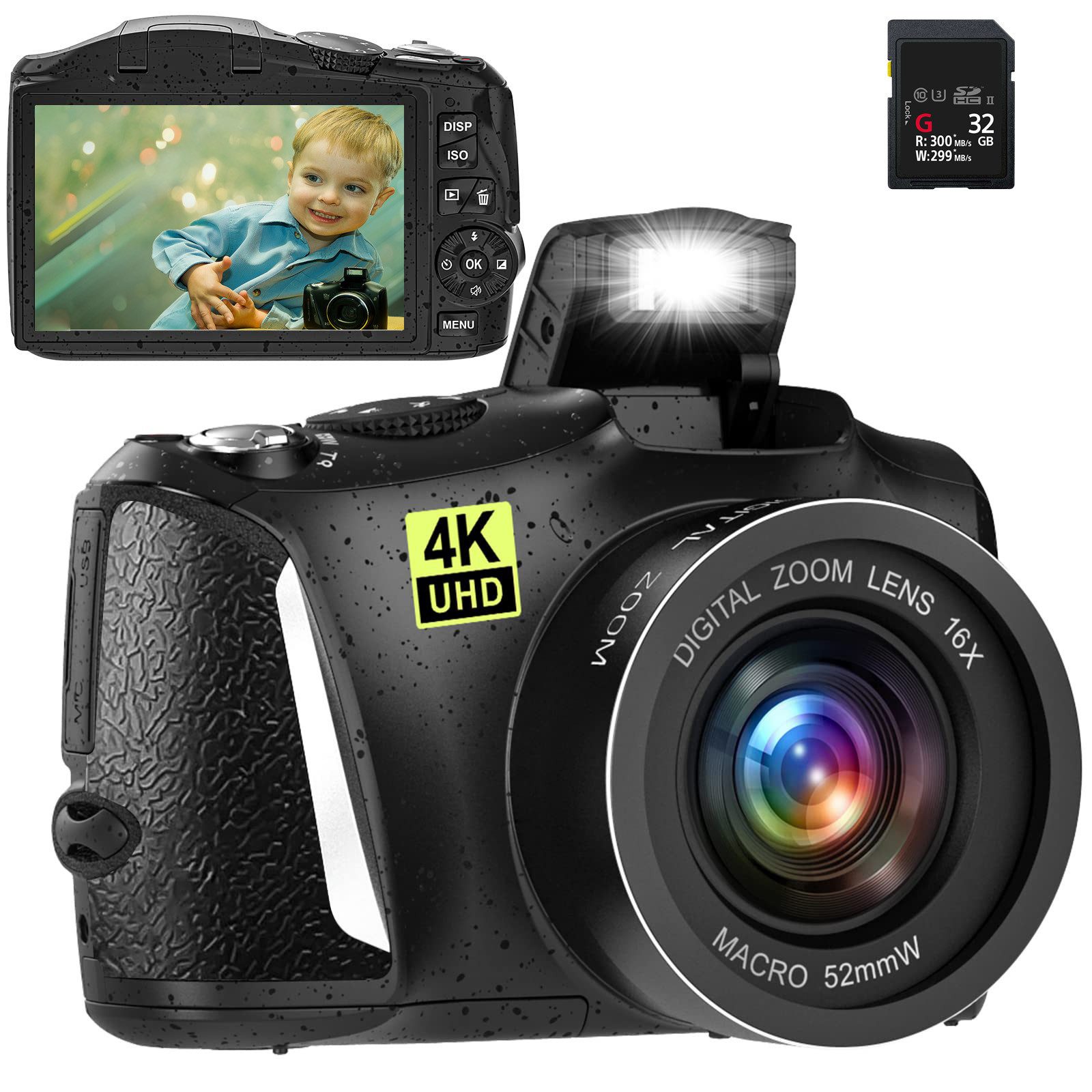 Fine Life Pro Digitalkamera 4K, 48MP Fotokamera mit 3.0" Bildschirm, Kompaktkamera (inkl. 16X Digitalzoom Kompaktkamera, 32GB TF-Karte, Geeignet für Anfänger in der Fotografie, Schwarz)