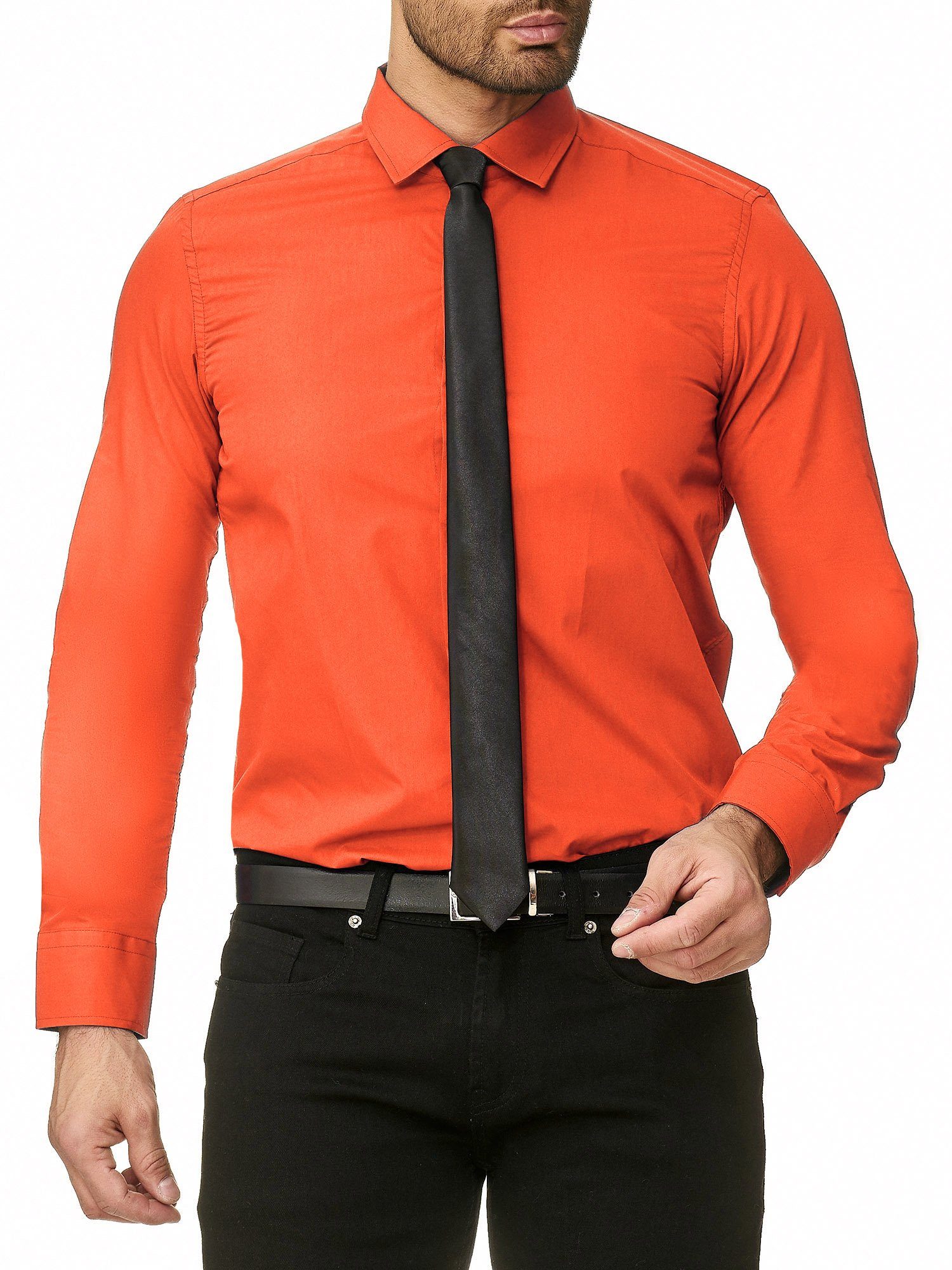 Reslad Langarmhemd Reslad Herren-Hemd Slim-Fit + Krawatte SET Bügelle  Freizeithemd Businesshemd Hemd + Krawatte SET