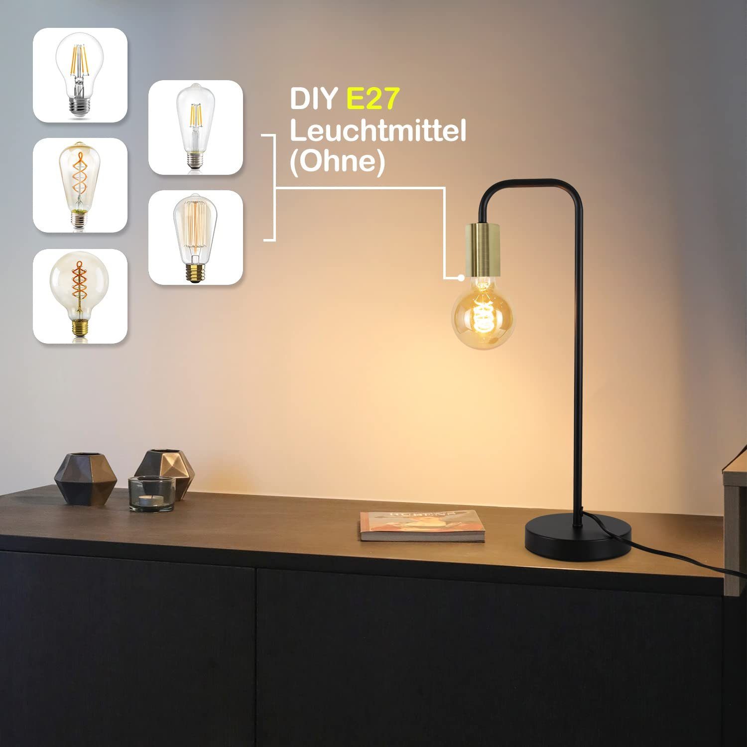 ZMH Tischleuchte Vintage Nachttischlampe Schwarz-Gold - E27, ohne Leuchtmittel, 1 /2 Flammig – Bild 3 von 5