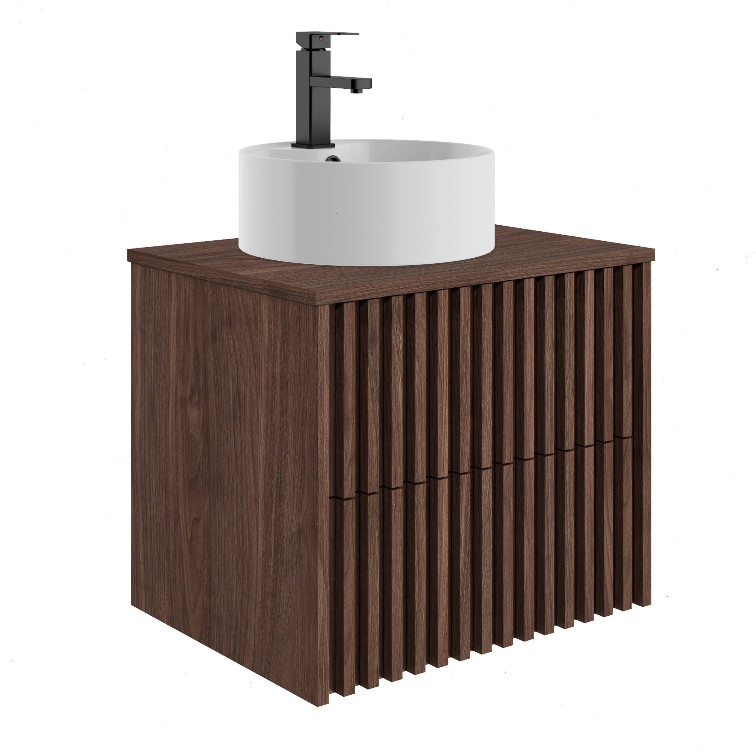 UEV Waschtisch mit Unterschrank hängend Rundes Keramikwaschbecken (Komplett-Set Badmöbel, Badezimmmer Schrank, mit Wasserhahn und Pop-up-Ablassventil Aufsatz-Waschbecken), Soft-close Schubladen,Waschbeckenunterschrank mit 2 Schubladen