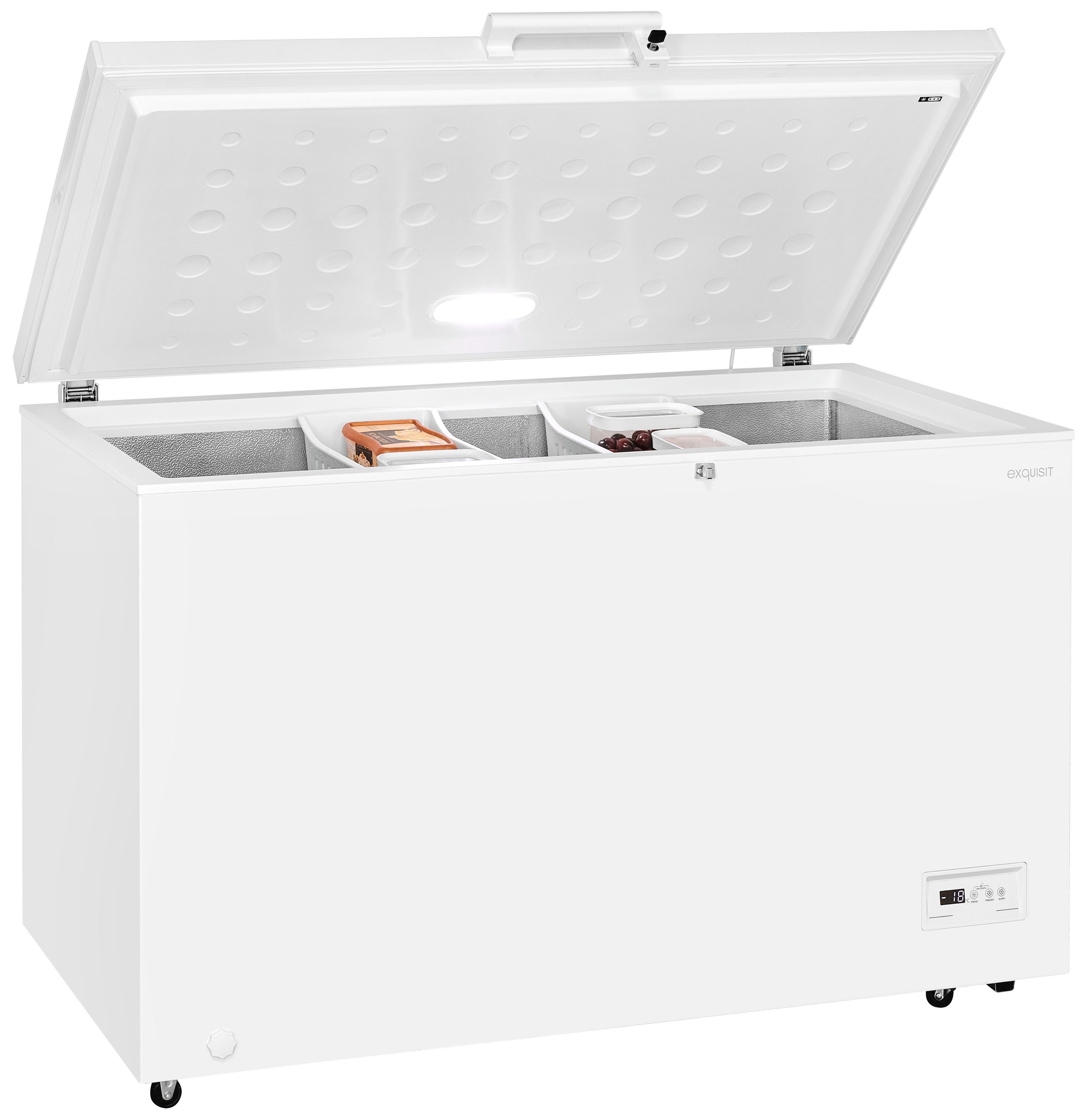 exquisit Gefriertruhe GT400-HE-041E weiss, 130 cm breit, 371 l, 4*-Gefriertruhe mit Griff & Türschloss – leicht zu öffnen