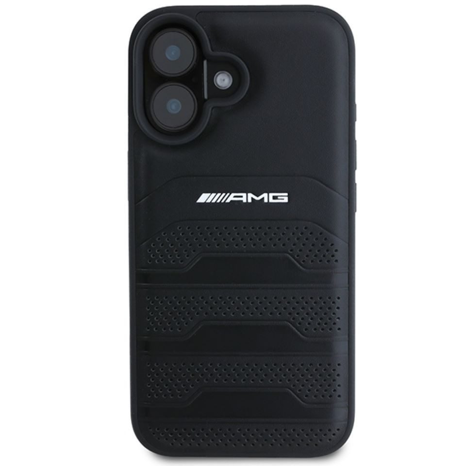 Mercedes Benz AMG Handyhülle iPhone 16 Echtleder gelocht schwarz Logo 6,1 Zoll, Kantenschutz