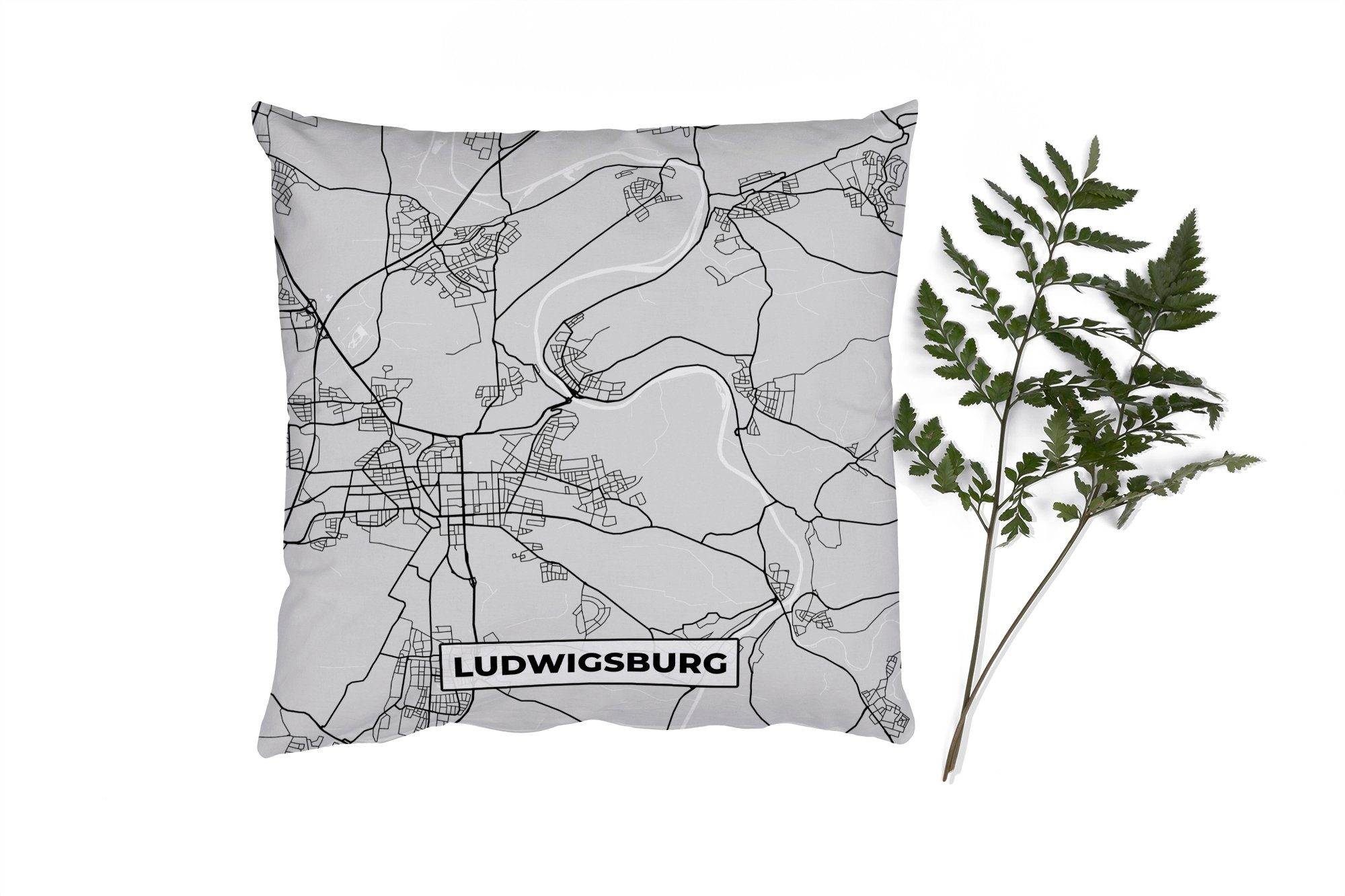 MuchoWow Dekokissen Stadtplan - Ludwigsburg - Karte - Deutschland, Zierkissen mit Füllung für Wohzimmer, Schlafzimmer, Deko, Sofakissen