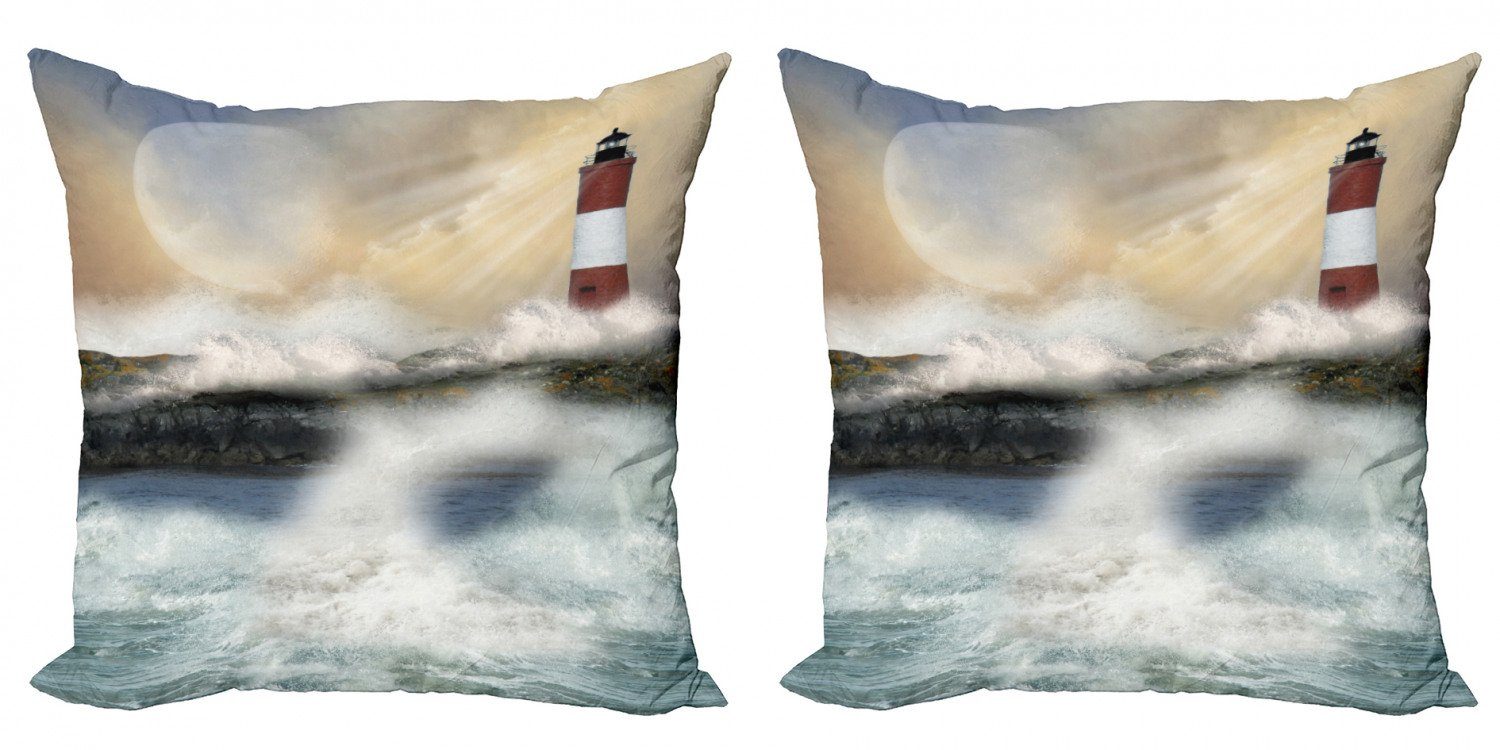 Kissenbezüge Modern Accent Doppelseitiger Digitaldruck, Abakuhaus (2 Stück), Leuchtturm Stürmische Meereswellen