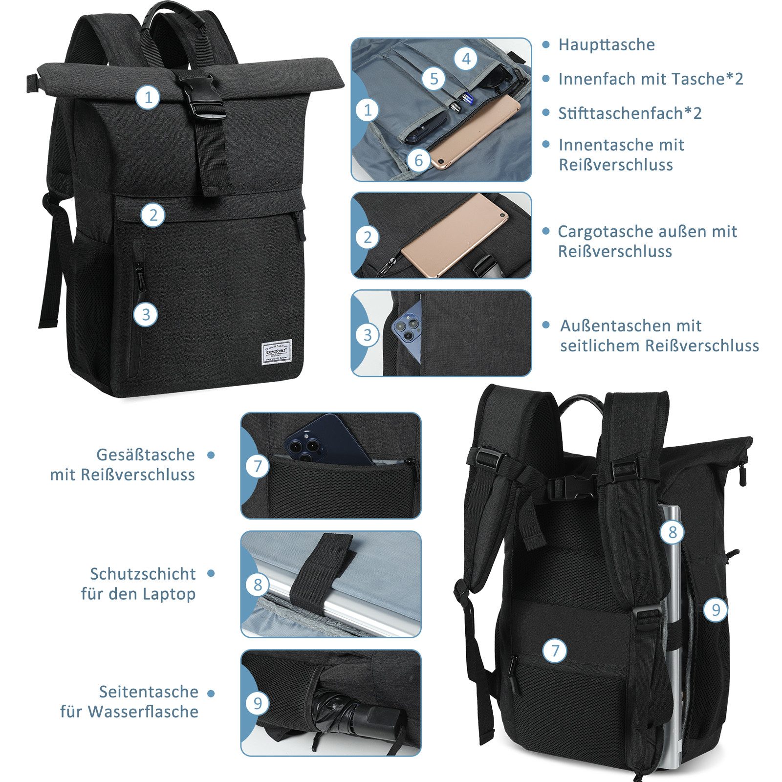 TAN.TOMI Cityrucksack RollTop Rucksack Herren Damen 22L-25L LaptopRucksack Schulrucksack, Radsport Stylische Tagesrucksack mit 17 Zoll Laptopfach